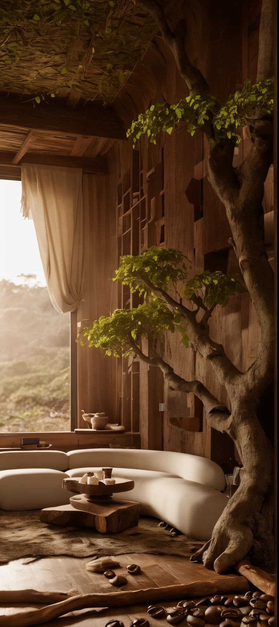 wabi sabi livingroom interior, large glass window, garden outside, dinning table and chải, couch, rough-hewn wood coffee table, sunrise morning, natural light, low contrast, cinematic,