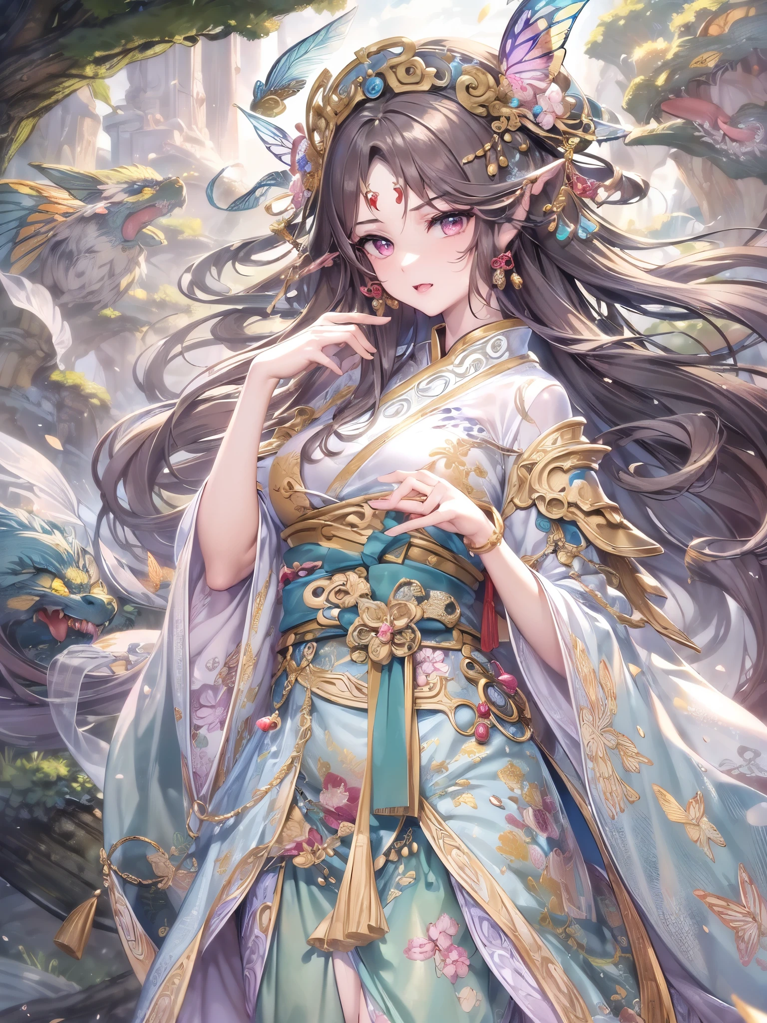 ((highest quality)),(ultra high resolution),(Super detailed),(detailed description),((best CG)),(best work of art),super precision art,amazing drawing art,(Chinese fantasy art with precise details:1.5), (Goddess:1.7),(beautiful and well-shaped face:1.7),((Beautiful and detailed Hufuku:1.6)),((Thin, fluttering cloth:1.8))