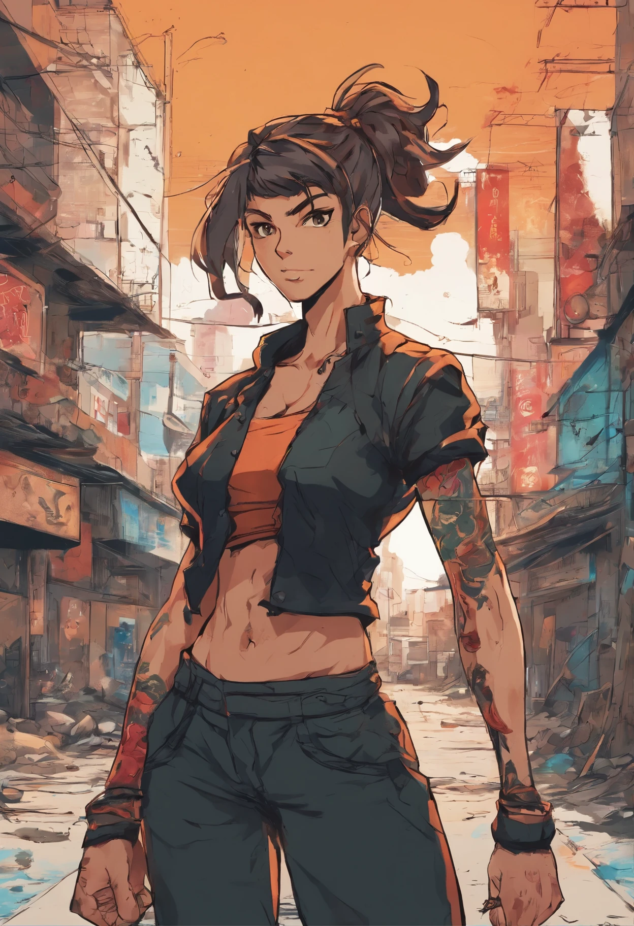 Anime illustration of a young supermodel with a toned physique, In a spicy punk crop top, Low Rise Pants, Messy Short Hair, Demonstration of various intricate tattoos, confidently standing in the middle of an abandoned street in Chiba. . Anime style, Key Visual, Vibrants, Studio anime, Highly detailed