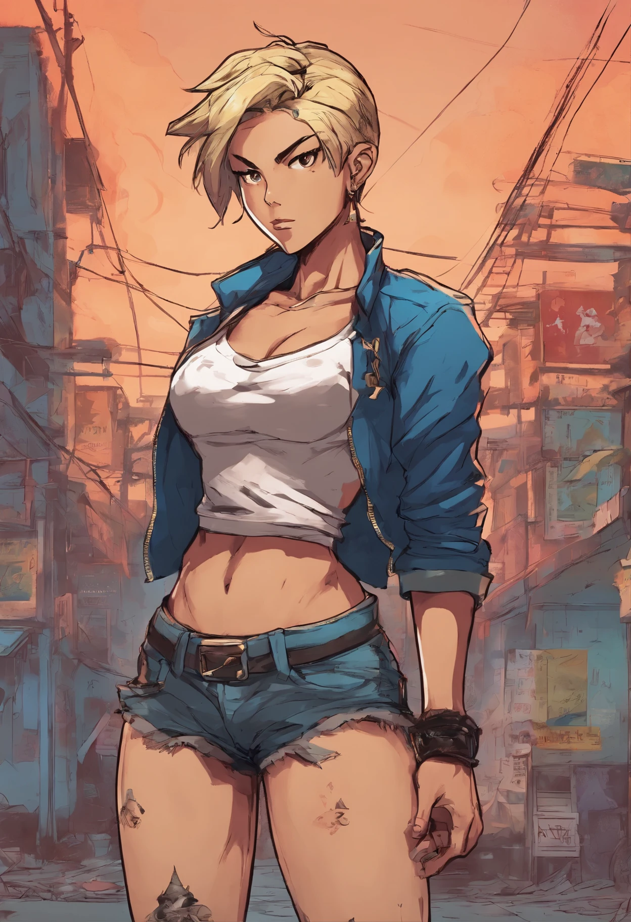 Anime illustration of a young supermodel with a toned physique, En un crop top punk picante, Pantalones de baja altura, pelo corto desordenado, Demonstration of various intricate tattoos, confiadamente parado en medio de una calle abandonada en Chiba. . Anime style, Clave visual, Vibrante, Anime de estudio, Altamente detallado