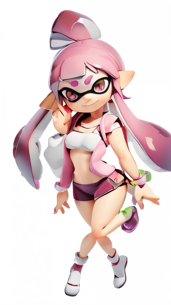 masterpiece、highest quality、High resolution、4k、1 beautiful girl、girl、splatoon inkling, tentacle hair、ink bomb、(((whole body)))、silver tentacle hair、ponytail tentacle hair、Large pink ribbon、sharp outline、golden eyes、Big eyes、cute eyes、smile、cheek、Lipstick、slender body、super big breasts、cleavage、pointed earicro mini skirt、fashionable、Large accessories、outdoor、sexy dynamic pose、figure 