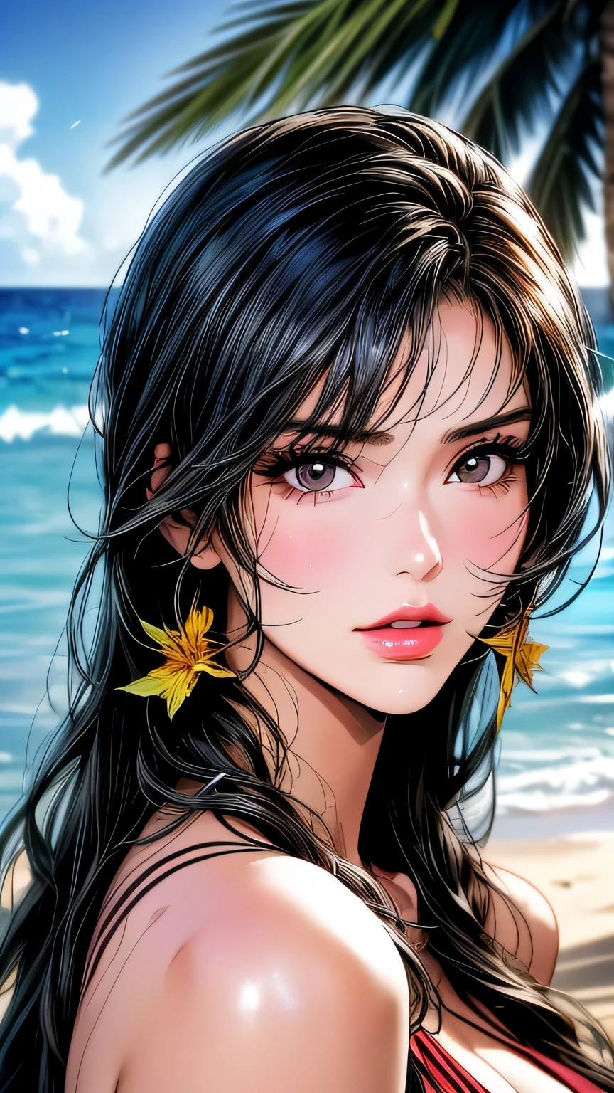 (((close up of face)))､1 girl (master piece:1.2) (detailed:1.2) (highest quality:1.1) (shiny hair) (shiny skin), Nico Robin V2, movie lighting, (wet skin, wet hair, big:1.2), big, (beach, Palm tree), beach, clear water,(blue sky, Cumulonimbus cloud),(Smooth),(hibiscus),laughter, black eye, one piece, Nico Robin, Huge_chest, ~ side、masterpiece、highest quality、Super fine、High resolution、very detailed写真、(natural skin texture、fine skin、hyper realism、Super sharpness)、high detail skin、(very detailed、fine skinの質感、intricate details、one piece水着、((close up of face))､sexy