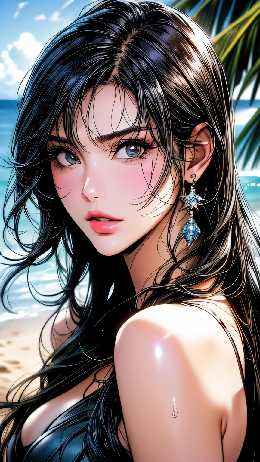 (((close up of face)))､1 girl (master piece:1.2) (detailed:1.2) (highest quality:1.1) (shiny hair) (shiny skin), Nico Robin V2, movie lighting, (wet skin, wet hair, big:1.2), big, (beach, Palm tree), beach, clear water,(blue sky, Cumulonimbus cloud),(Smooth),(hibiscus),laughter, black eye, one piece, Nico Robin, Huge_chest, ~ side、masterpiece、highest quality、Super fine、High resolution、very detailed写真、(natural skin texture、fine skin、hyper realism、Super sharpness)、high detail skin、(very detailed、fine skinの質感、intricate details、one piece水着、((close up of face))､sexy