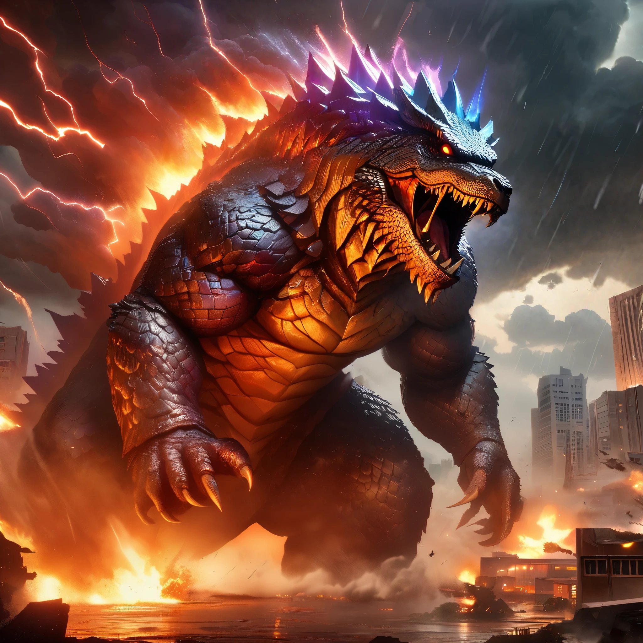 Godzilla rampaging through a city, ancient creature, destructive, thunderstorm, thick smoke, disaster scene, massive size, immense power, fear-inducing, detailed scales, realistic lighting, cinematic quality, HDR, ultra-detailed, studio lighting, professional, vibrant colors, detailed cityscape, dramatic sky, dynamic composition, epic proportions.