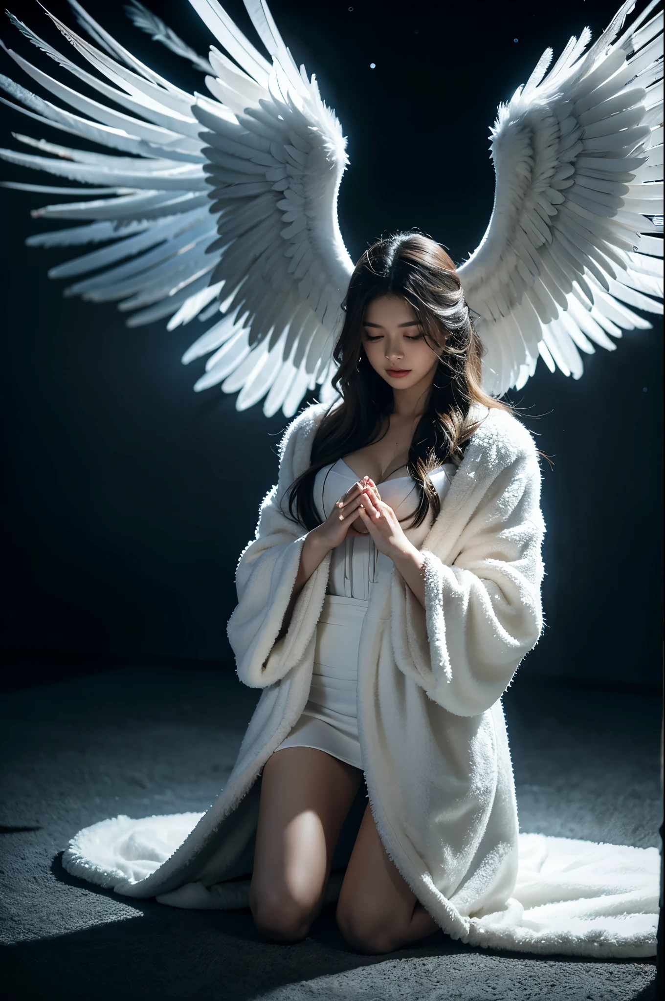 praying kneeling natural born killer angel in a robe of feathers, eerie glowing halo, winged, realistic, nighttime, 