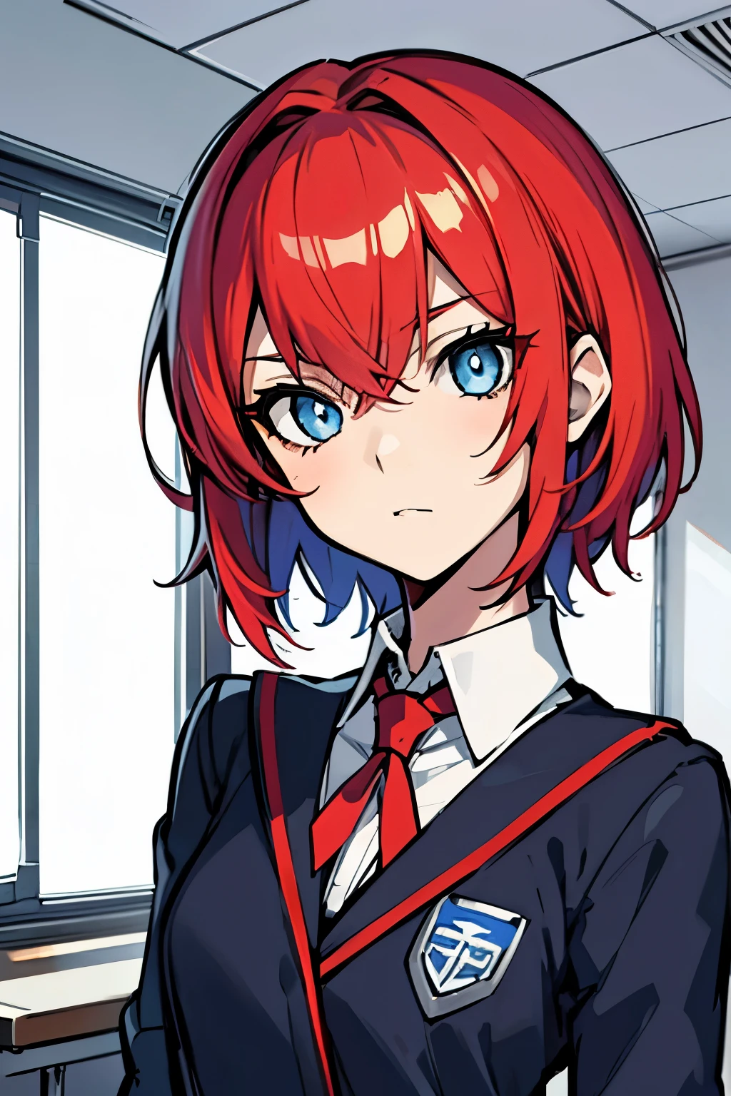 solo, 1girl, robotic body, beautiful face, unusual pupil, blue eyes, red hair, short hair, ((school uniform)), in classroom, expressionless, emotionless,