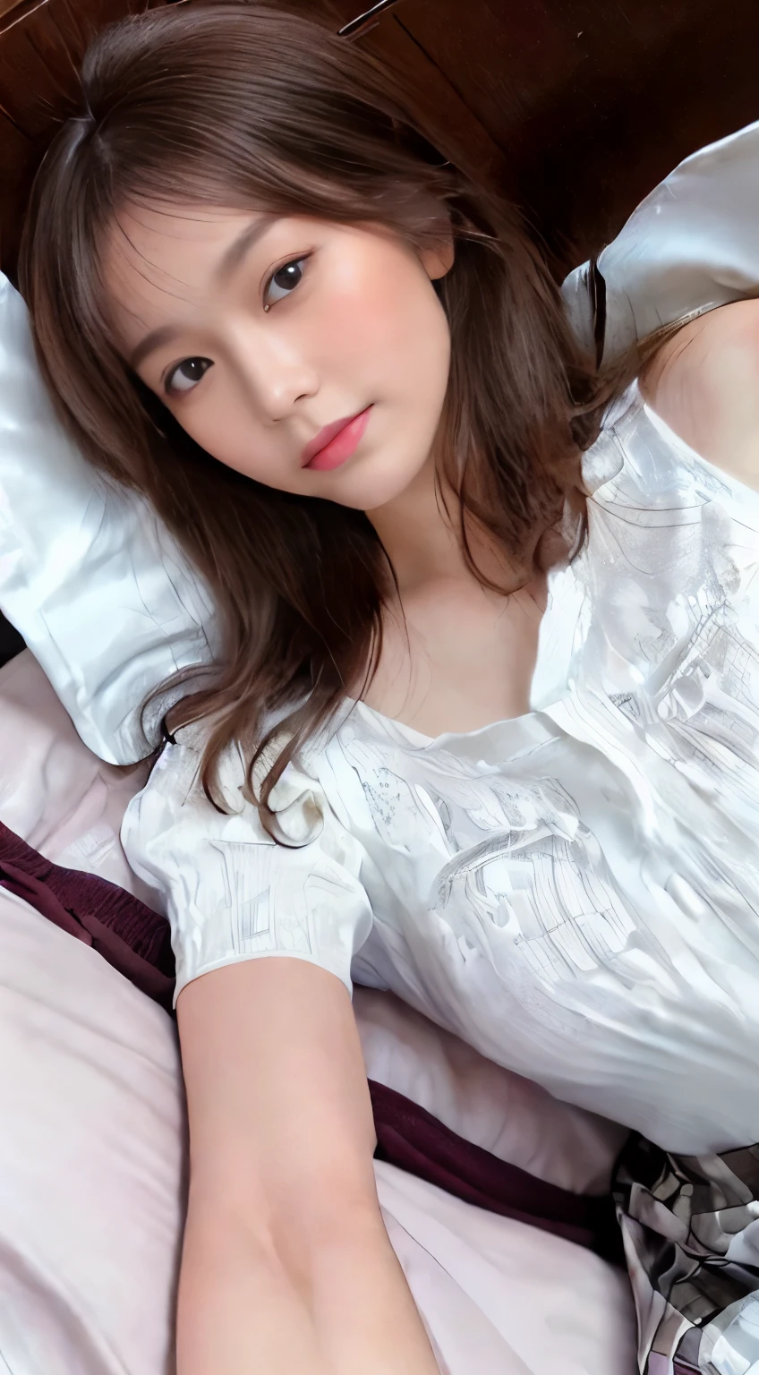 top-quality、hight resolution、ultra-detailliert、masterpiece、Raw photography、realisitic、Photorealsitic、extremely delicate and beautiful、finely detail、Textured skin、full-body shot、(in hotel)、1woman and 1man、japanese、18year old、(((wearing white blouse and plaid long skirt),detailed panties showing,(((lying down on the bed and spreading her legs))),focus her tights,、((rib knit blouse)),tall,Brown hair、wavy hair,short hair,Wearing makeup,、Do not wear anything on your arm、perfectly proportions,spreading her legs,focus her panties,(((sexual position missionary))),(((lying down on the mattress))),ponytail,dynamic angle,vaginal sex,((having sex)),upclothes and bare breast,(((missionary pov))),splashing with semen,perfect and beautiful face,Take only the face,beautiful and detailed face、slim face and style,Big eyes、Do gal makeup,real photos,(((bare legs))),beautiful legs,beautiful tights