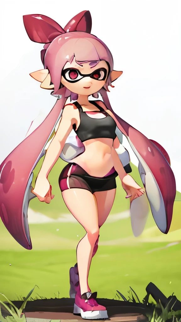 masterpiece、highest quality、High resolution、4k、1 beautiful girl、girl、splatoon inkling, tentacle hair、ink bomb、(((whole body)))、silver tentacle hair、ponytail tentacle hair、Large pink ribbon、sharp outline、golden eyes、Big eyes、cute eyes、open mouth smile、cheek、Lipstick、slender body、super big breasts、cleavage、pointed earicro mini skirt、Fashionable sports bra、Large accessories、outdoor、sexy dynamic pose、figure 