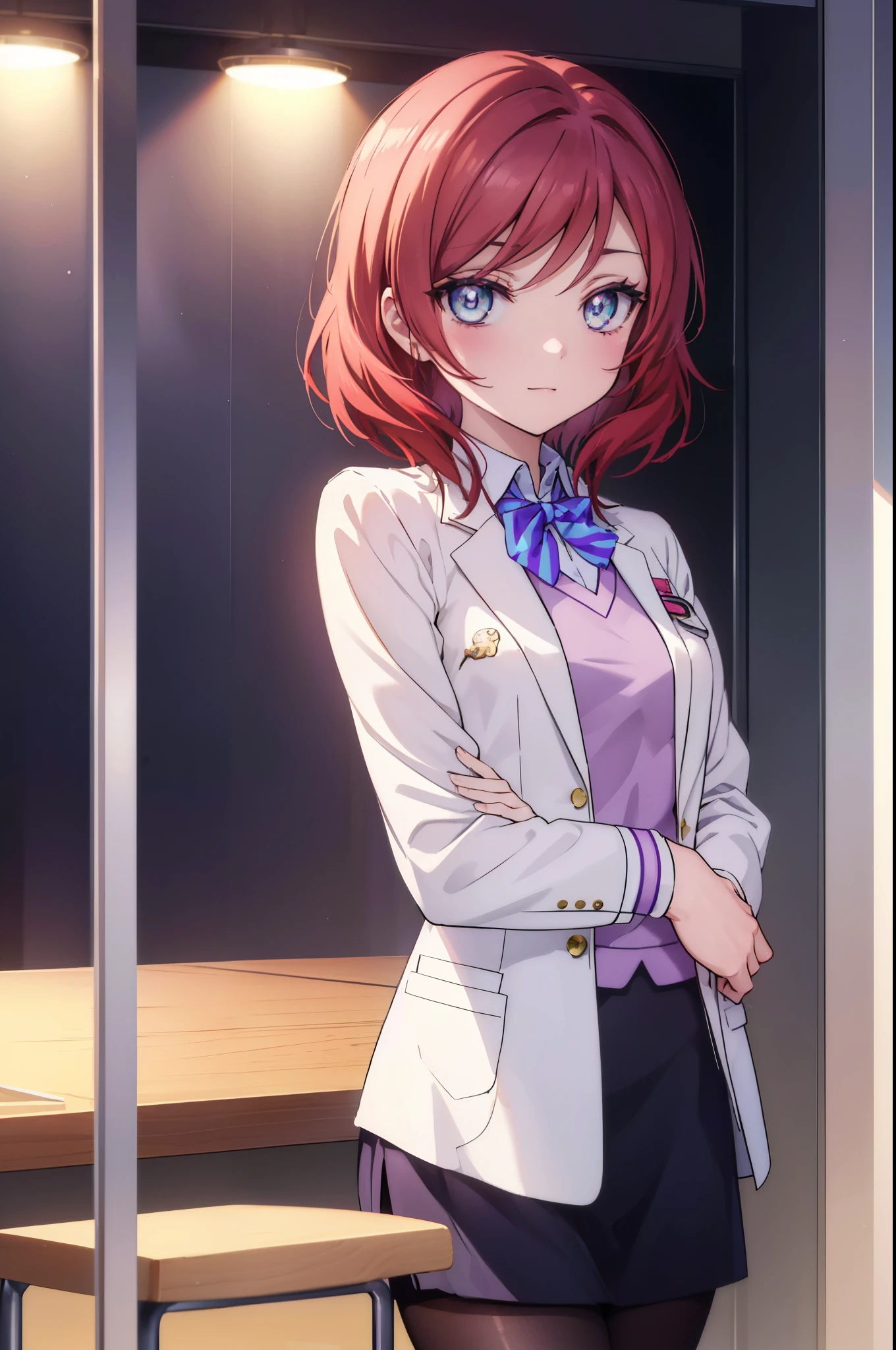 makinishikino, Maki Nishikino, short hair, (purple eyes:1.1), redhead,happy smile, smile, open your mouth, amazingly beautiful、((doctor&#39;s white coat)), collared shirt、doctor style)), ,(( silk blouse、black pencil skirt、 black pantyhose))、stiletto heels,sitting in a chair with legs crossed,There is a chart on the table,白を基調としたExamination room,
break indoors, Examination room,
break looking at viewer, (cowboy shot:1.5),
break (masterpiece:1.2), highest quality, High resolution, unity 8k wallpaper, (figure:0.8), (detailed and beautiful eyes:1.6), highly detailed face, perfect lighting, Very detailed CG, (perfect hands, perfect anatomy),