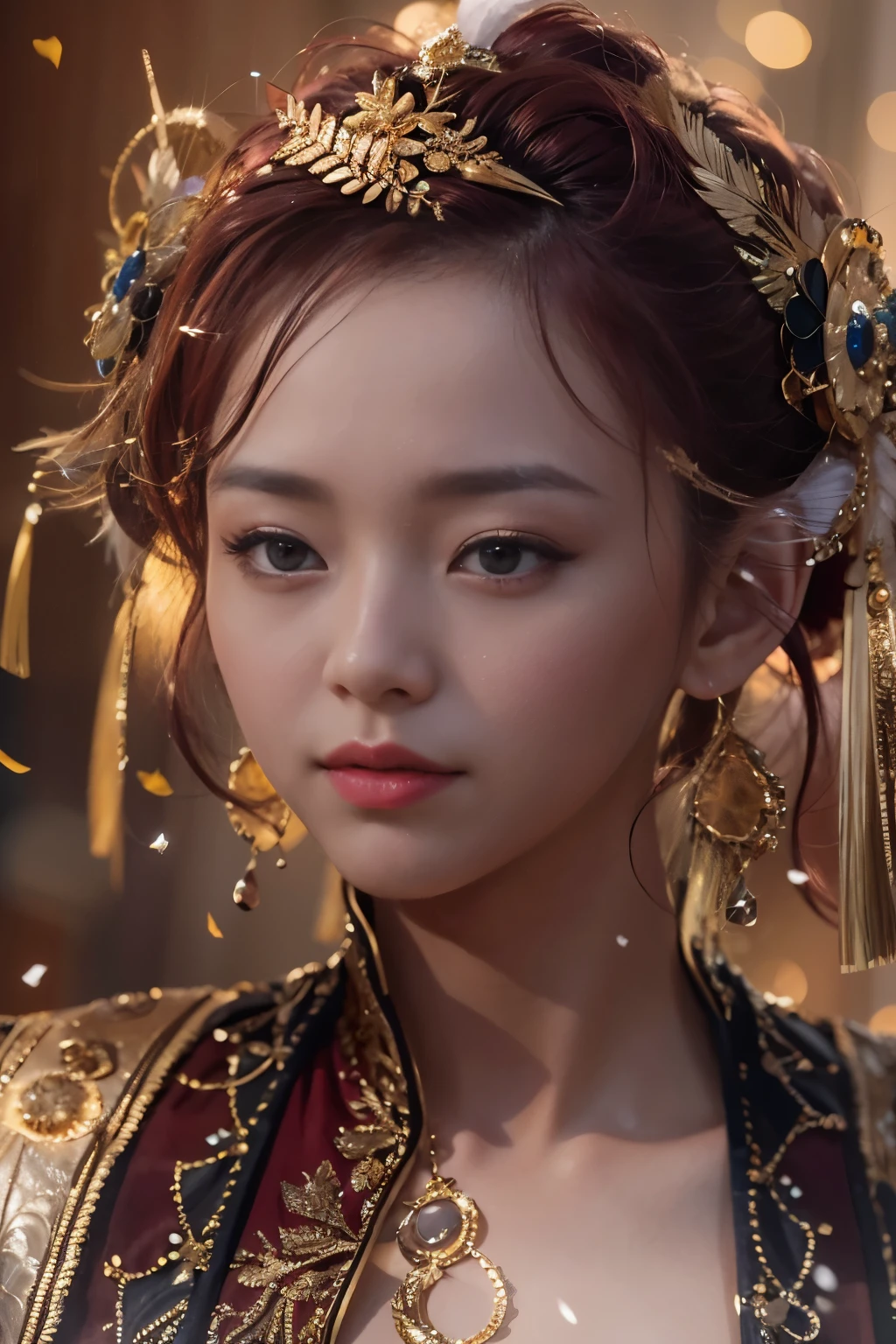 32k gradient glass texture(masterpiece,HD,超HD,32k)Burgundy short hair,flowing short hair,Onsen District,Flame Maiden ,Yao Lang protector (realistically:1.4),python pattern robe,Black gold master Kawashima work headdress,snowflakes dancing,The background is very pure,Hold your head high,worthy of pride,Look at people through nostrils, high resolution, detail, RAW photos, Sharp Re, Nikon D850 film photo by Jefferies Lee 4 Kodak Portra 400 camera F1.6 guns, colorful, Ultra-realistic and vivid textures, dramatic lighting, Unreal Engine Art Station Trend, Sinest 800,Hold your head high,worthy of pride,Look at people through nostrils,Burgundy short hair