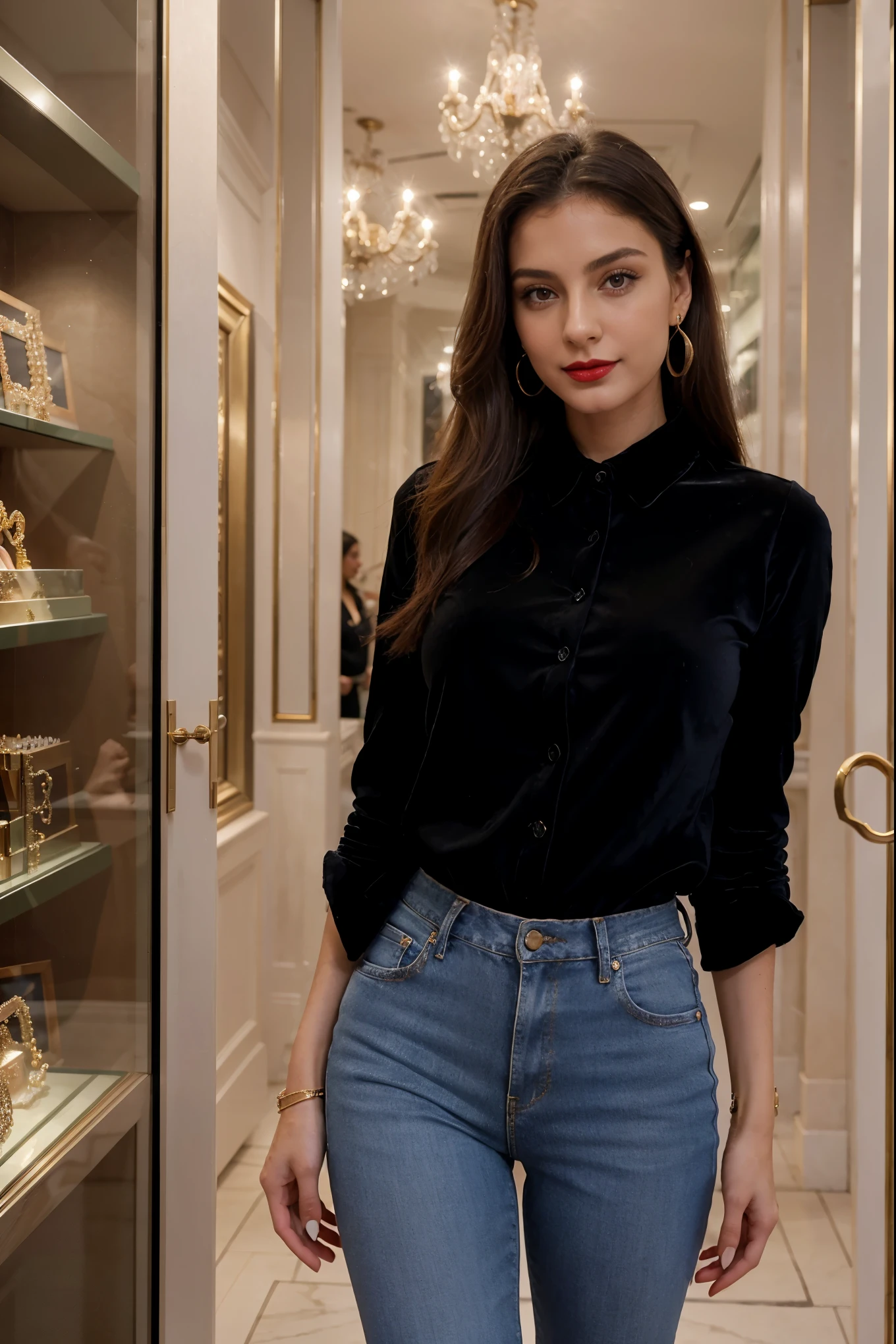 Italian girl 25 years old, beautiful, wonderful, standing, in front of a jewelry showcase, on the street, 1 girl, real, very high resolution, 8k, elegant jeans, luxury, fabulous body, elegant velvet blouse, red lipstick, sensual , sexy, earrings, elegant shirt, light smile