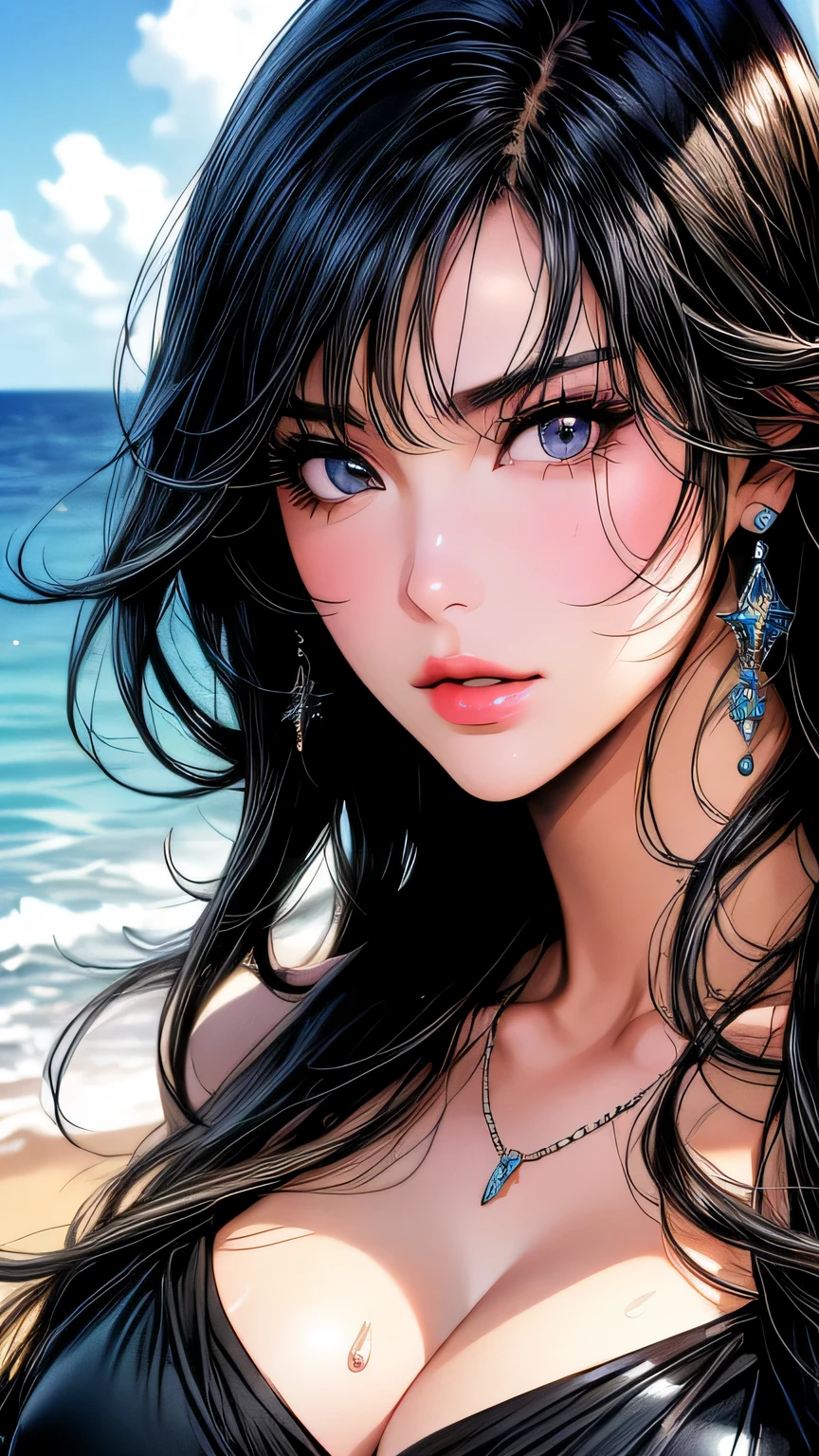 (((close up of face)))、1 girl (master piece:1.2) (detailed:1.2) (highest quality:1.1) (shiny hair) (shiny skin), Nico Robin V2, movie lighting, (wet skin, wet hair, big:1.2), big, (beach, Palm tree), beach, clear water,(blue sky, ulonimbus cloud),(Smooth),(hibiscus),laughter, black eye, one piece, Nico Robin, Huge_chest, ~ side、masterpiece、highest quality、Super fine、High resolution、very detailed写真、(natural skin texture、fine skin、hyper realism、Super sharpness)、high detail skin、(very detailed、fine skinの質感、intricate details、one piece水着、((close up of face))、sex
