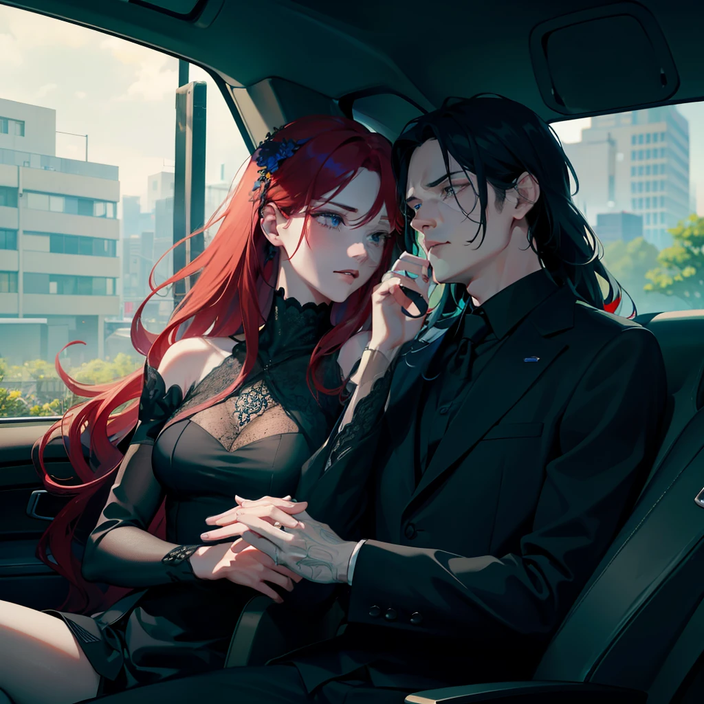 A man with blue flowers sitting on a black car and a red-haired woman crying next to him.
Realistic, 4K, HDR, Atmospheric, Detailed,Muted tones, Emotional, Expressive, Close up, Clear lines, Sharp focus, Depth of field, Realistic rendering, Textured, Blue flowers vibrant.
The man, dressed casually, sits with a thoughtful expression on his face, surrounded by the lush, blue flowers that accentuate the sleek black car. The woman, with her long, curly red hair cascading down her shoulders, holds her face in her hands, tears streaming down her cheeks. The scene is