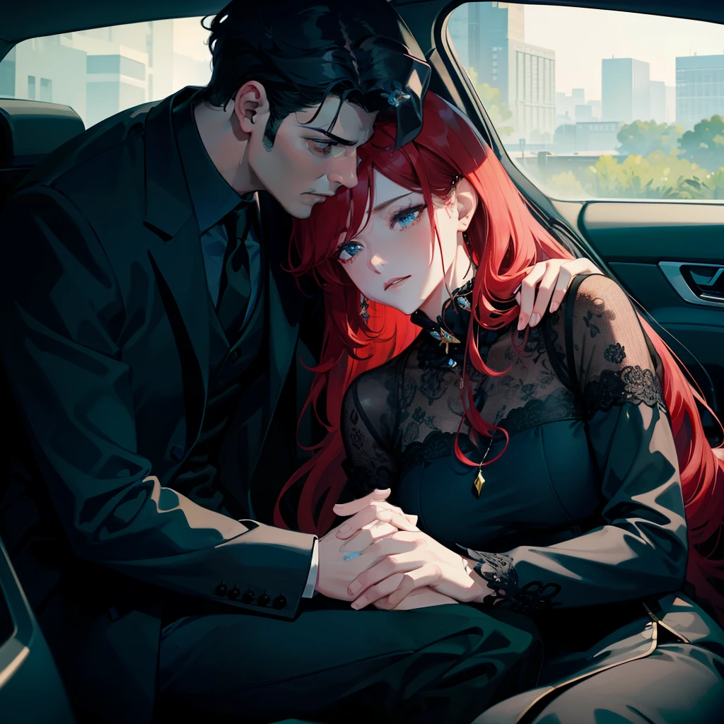 A man with blue flowers sitting on a black car and a red-haired woman crying next to him.
Realistic, 4K, HDR, Atmospheric, Detailed,Muted tones, Emotional, Expressive, Close up, Clear lines, Sharp focus, Depth of field, Realistic rendering, Textured, Blue flowers vibrant.
The man, dressed casually, sits with a thoughtful expression on his face, surrounded by the lush, blue flowers that accentuate the sleek black car. The woman, with her long, curly red hair cascading down her shoulders, holds her face in her hands, tears streaming down her cheeks. The scene is