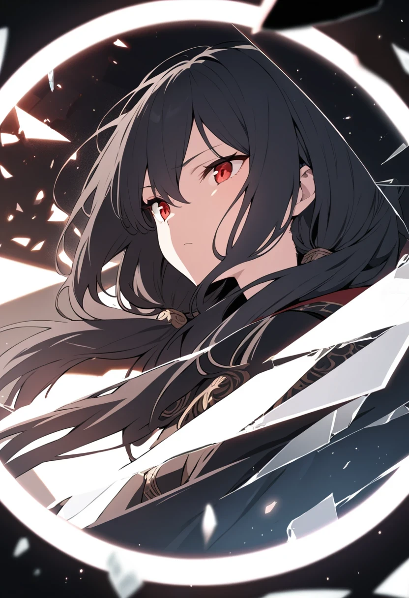 masterpiece, best quality, ultra-detailed, best shadow, detailed background,dark fantasy, beautiful detailed face, high contrast, best illumination, an extremely delicate and beautiful, cinematic light, colorful, hyper detail, dramatic light, intricate details, 1 girl, solo,black hair, sharp face,low twintails,red eyes, hair between eyes,dynamic angle, blood splatter, swirling black light around the character, depth of field,black light particles,(broken glass:1.5),magic circle,
