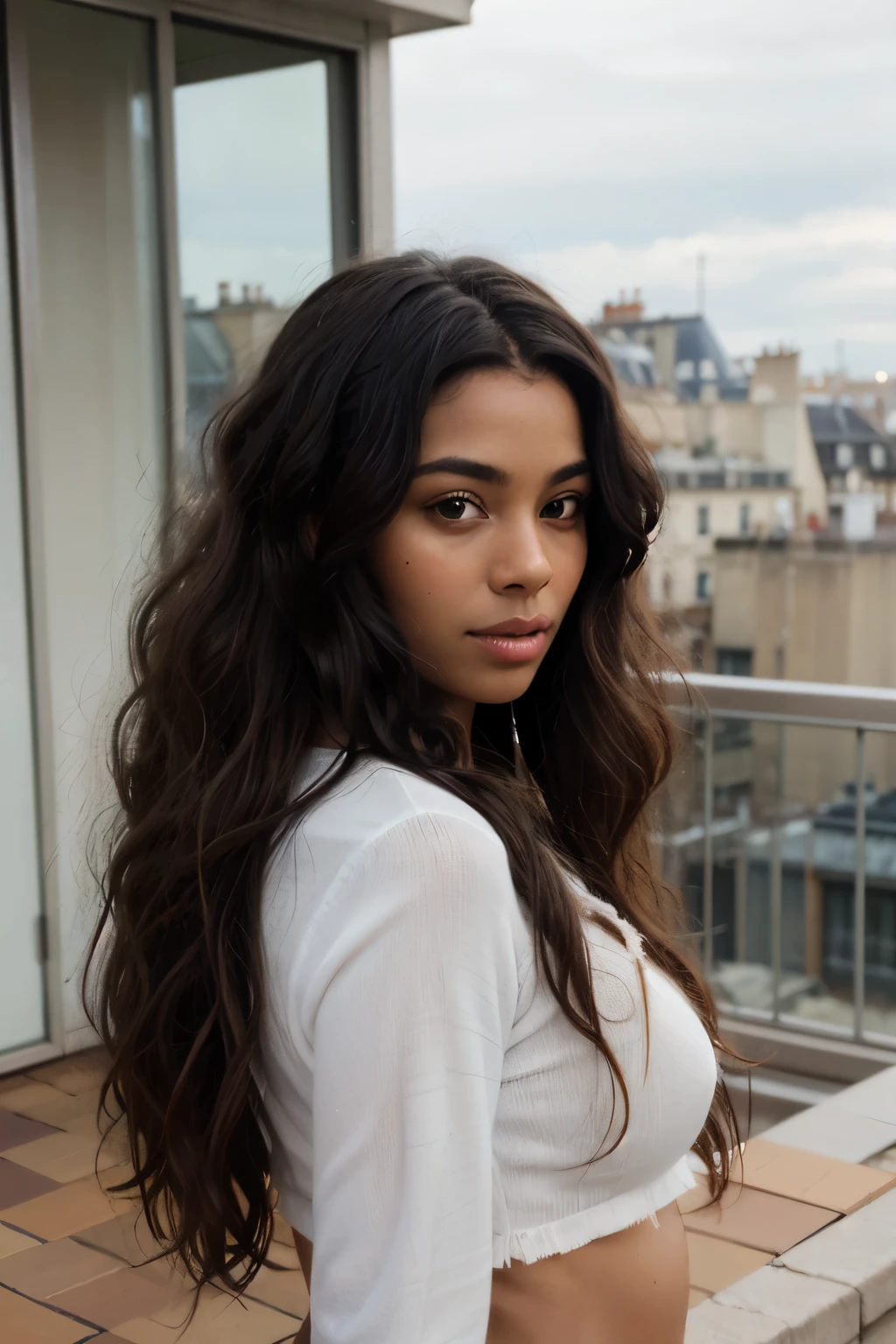 Voluminous Curly Hair 3c, Dark skin mixed race realistic girl ;environ 35 ans, 18 inch long curly hair, curly and long hair, Curly black hair, long and curly hair, Curly fringe, Messy loops, Cheveux noirs volumineux, Cheveux noirs naturels, rooftop paris, type afro européenne