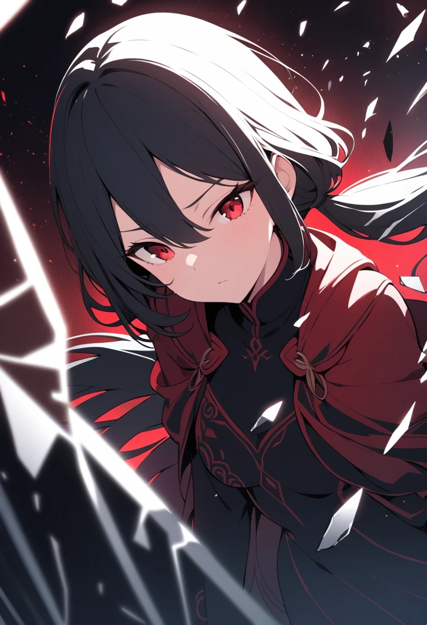 masterpiece, best quality, ultra-detailed, best shadow, detailed background,dark fantasy, beautiful detailed face, high contrast, best illumination, an extremely delicate and beautiful, cinematic light, colorful, hyper detail, dramatic light, intricate details, 1 girl, solo,black hair, sharp face,low twintails,red eyes, hair between eyes,dynamic angle, blood splatter, swirling black light around the character, depth of field,black light particles,(broken glass:1.5),magic circle,
