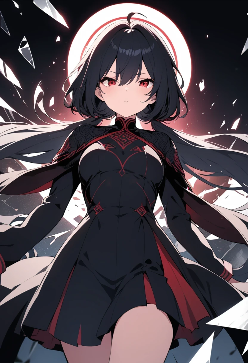 masterpiece, best quality, ultra-detailed, best shadow, detailed background,dark fantasy, beautiful detailed face, high contrast, best illumination, an extremely delicate and beautiful, cinematic light, colorful, hyper detail, dramatic light, intricate details, 1 girl, solo,black hair, sharp face,low twintails,red eyes, hair between eyes,dynamic angle, blood splatter, swirling black light around the character, depth of field,black light particles,(broken glass:1.5),magic circle,