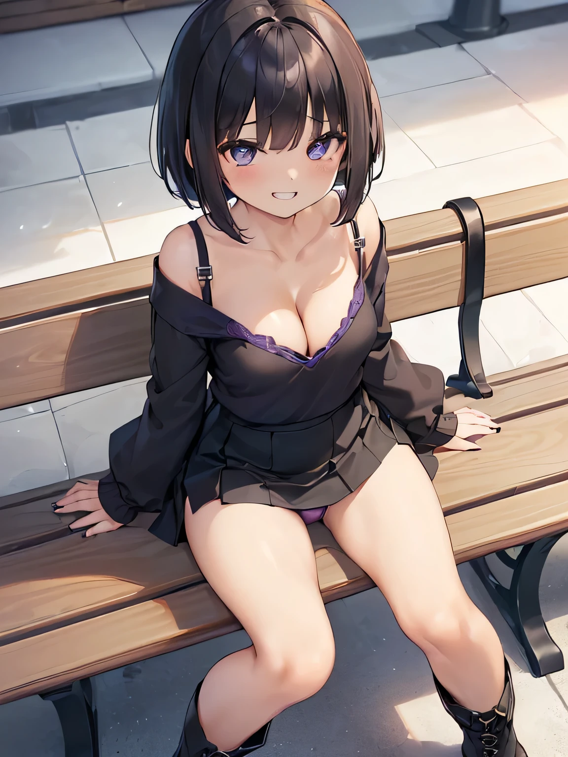 (masterpiece、highest quality、High resolution、realistic pictures、real looking skin:1.1)、
(A woman is sitting on a bench in a shopping mall:1.8)、
(The skirt is so short that you can almost see her panties.:1.8)、
(looking at her from a slightly higher perspective:1.8)、
(A provocative and grinning expression:1.8)、
(I am wearing a dark blue long-sleeved V-neck knit and a bare top underneath.:1.8)、
(She is wearing a tight black mini skirt.:1.8)、
(I am wearing black middle boots.:1.8)、
(The panties are purple and have a pattern on them.:1.5)、
(Bra and panties are always included:1.5)、
(brown short hair:1.5)、
(small face:1.5)、
(she is 22 years old:1.5)、
(Her breasts are D cup, so you can see her cleavage from the V neck.:1.5)、
(The place is a bench in a shopping mall.:1.5)、
1 Japanese girl、solo、full body esbian、beautiful eyes、shining eyes、Shining thighs、NSFW