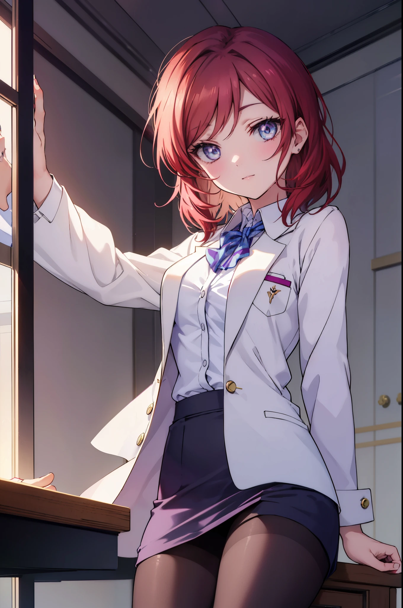 makinishikino, Maki Nishikino, short hair, (purple eyes:1.1), redhead,happy smile, smile, open your mouth, amazingly beautiful、((doctor's white coat)), collared shirt、doctor style)), ,(( silk blouse、black pencil skirt、 black pantyhose))、stiletto heels,sitting in a chair with legs crossed,There is a chart on the table,白を基調としたExamination room,So that the whole body goes into the illustration,sexy pose,
break indoors, Examination room,
break looking at viewer, (cowboy shot:1.5),
break (masterpiece:1.2), highest quality, High resolution, unity 8k wallpaper, (figure:0.8), (detailed and beautiful eyes:1.6), highly detailed face, perfect lighting, Very detailed CG, (perfect hands, perfect anatomy),
