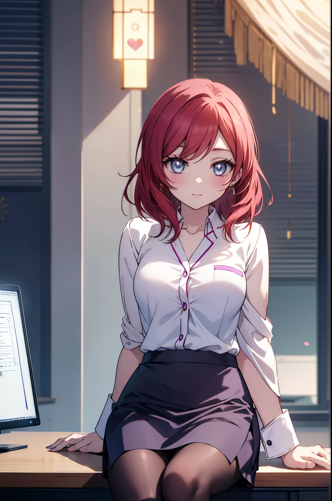 makinishikino, Maki Nishikino, short hair, (purple eyes:1.1), redhead,happy smile, smile, open your mouth, amazingly beautiful、((doctor&#39;s white coat)), collared shirt、doctor style)), ,(( silk blouse、black pencil skirt、 black pantyhose))、stiletto heels,sitting in a chair with legs crossed,There is a chart on the table,白を基調としたExamination room,So that the whole body goes into the illustration,sexy pose,
break indoors, Examination room,
break looking at viewer, (cowboy shot:1.5),
break (masterpiece:1.2), highest quality, High resolution, unity 8k wallpaper, (figure:0.8), (detailed and beautiful eyes:1.6), highly detailed face, perfect lighting, Very detailed CG, (perfect hands, perfect anatomy),