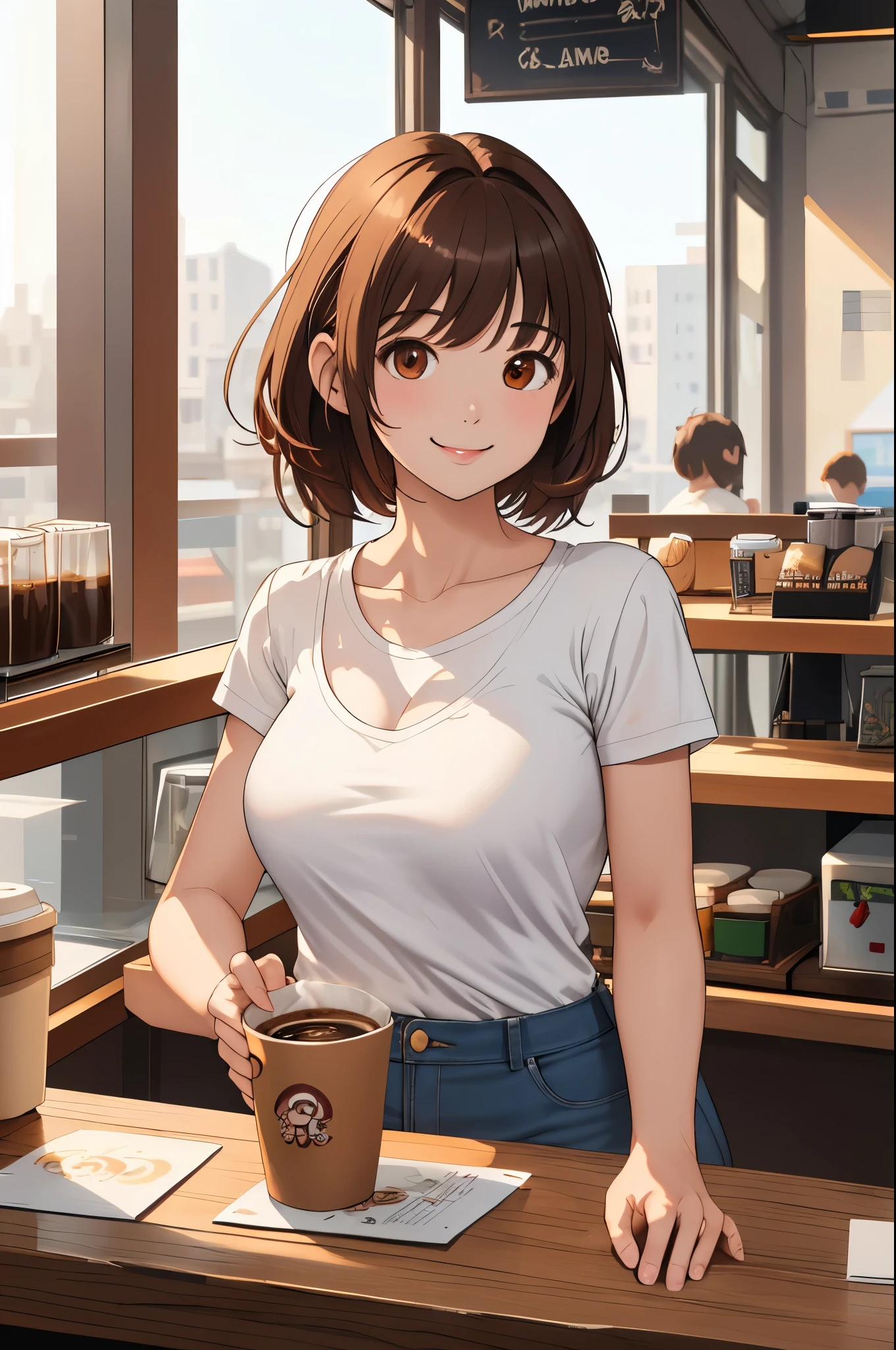 (Raw photo, highest quality), 1 girl, Natural light, Upper body, coffee shop, smile, Satosh Kong&#39;s art style