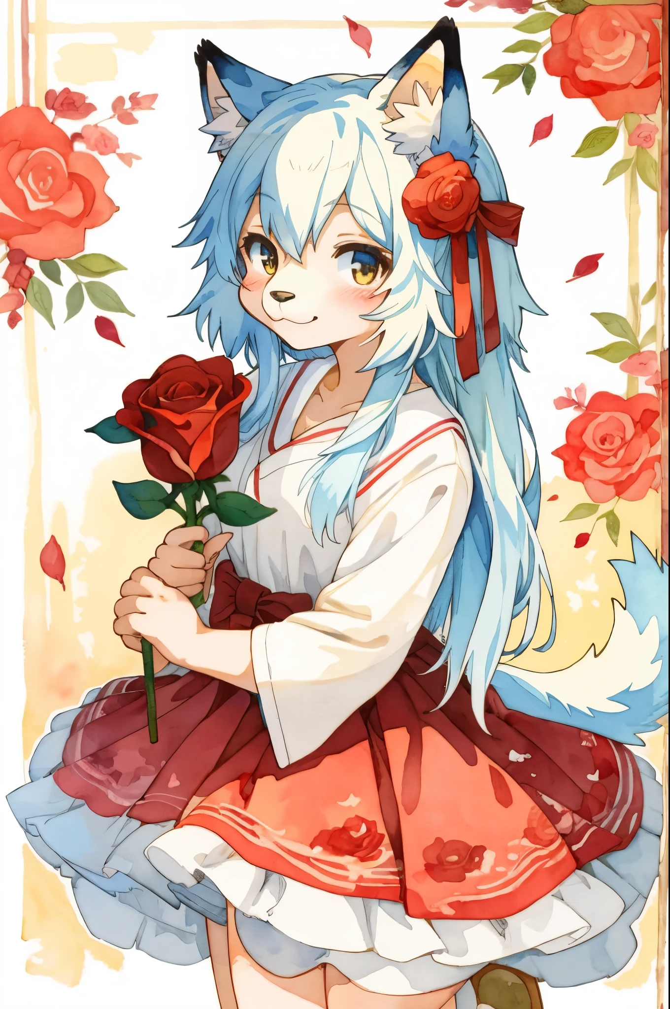 cover page, marriage information magazine, Watercolor elements, 1girl, kemono, furry, detailed body fur, animal face, animal hand, cute girl holding a red rose and looking at viewer,