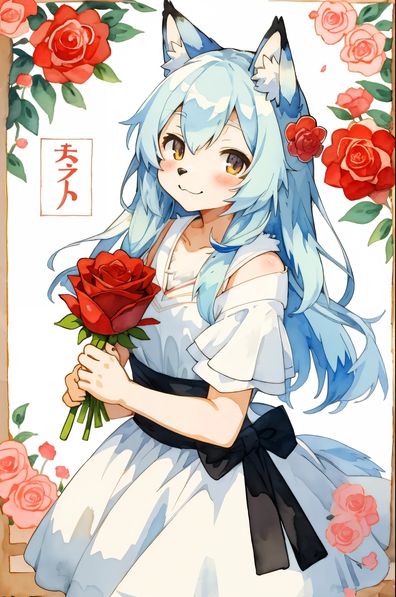 cover page, marriage information magazine, Watercolor elements, 1girl, kemono, furry, detailed body fur, animal face, animal hand, cute girl holding a red rose and looking at viewer,