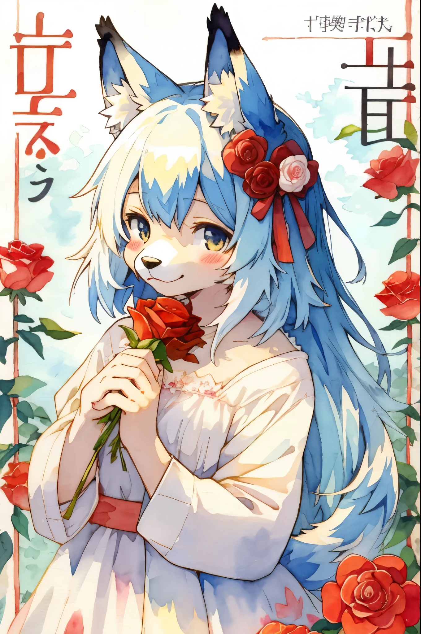 cover page, marriage information magazine, Watercolor elements, 1girl, kemono, furry, detailed body fur, animal face, animal hand, cute girl holding a red rose and looking at viewer,
