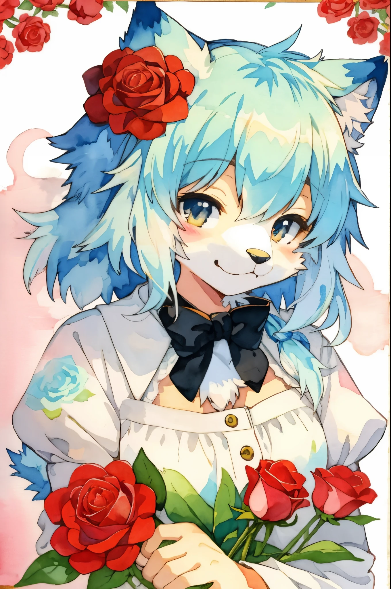 cover page, marriage information magazine, Watercolor elements, 1girl, kemono, furry, detailed body fur, animal face, animal hand, cute girl holding a red rose and looking at viewer,