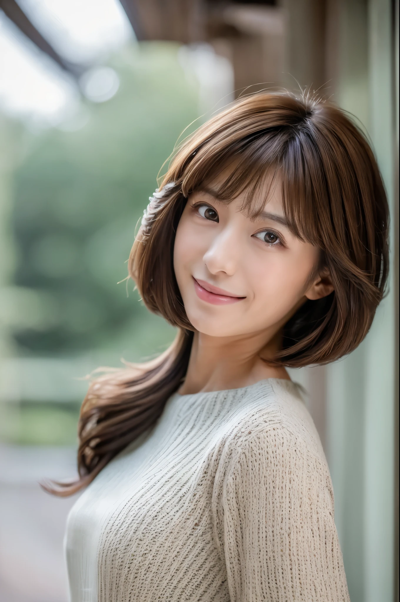 ((Best Quality, 8K, Masterpiece: 1.3)), Super realistic, Skinny Japanese female, 30 years old, 1 Girl, Slim Abs Beauty: 1.3, (Hairstyle Brown Hair Shortcut, Big: 1.2), Dress: 1.1, Super Slender Face, Delicate Eyes, Double Eyelids, Smile, Home, Raw Photo