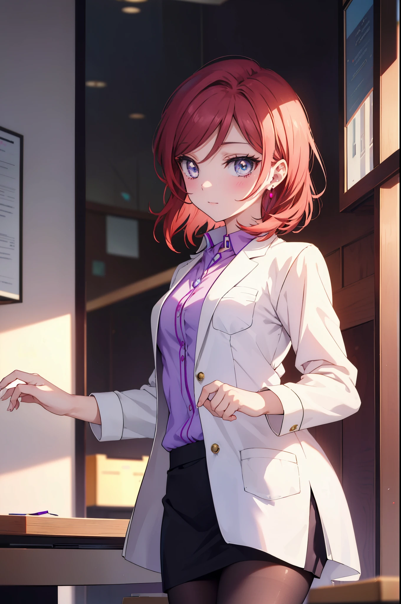 makinishikino, Maki Nishikino, short hair, (purple eyes:1.1), redhead,happy smile, smile, open your mouth, amazingly beautiful、((doctor&#39;s white coat)), collared shirt、doctor style)), ,(( silk blouse、black pencil skirt、 black pantyhose))、stiletto heels,sitting in a chair with legs crossed,There is a chart on the table,白を基調としたExamination room,So that the whole body goes into the illustration,sexy pose,
break indoors, Examination room,
break looking at viewer, (cowboy shot:1.5),
break (masterpiece:1.2), highest quality, High resolution, unity 8k wallpaper, (figure:0.8), (detailed and beautiful eyes:1.6), highly detailed face, perfect lighting, Very detailed CG, (perfect hands, perfect anatomy),