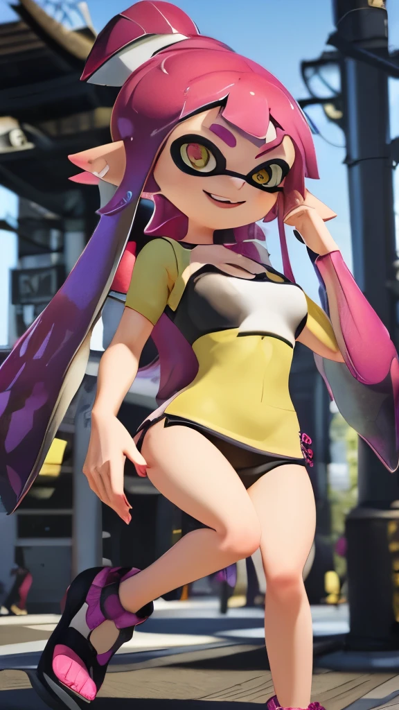 masterpiece、highest quality、High resolution、4k、1 beautiful girl、girl、splatoon inkling, tentacle hair、ink bomb、(((whole body)))、neon blue tentacle hair、ponytail tentacle hair、big ribbon、sharp outline、golden eyes、Big eyes、smile、cheek、Lipstick、slender body、super big breasts、cleavage、pointed earicro mini skirt、fashionable、Large accessories、outdoor、sexy dynamic pose、figure 