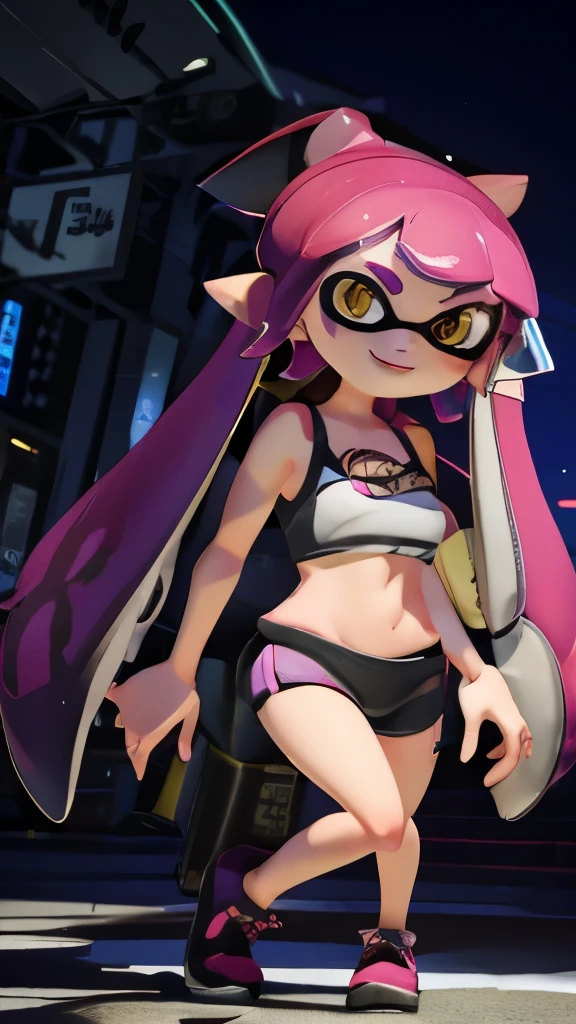 masterpiece、highest quality、High resolution、4k、1 beautiful girl、girl、splatoon inkling, tentacle hair、ink bomb、(((whole body)))、neon blue tentacle hair、ponytail tentacle hair、big ribbon、sharp outline、golden eyes、Big eyes、smile、cheek、Lipstick、slender body、super big breasts、cleavage、pointed earicro mini skirt、fashionable、Large accessories、outdoor、sexy dynamic pose、figure