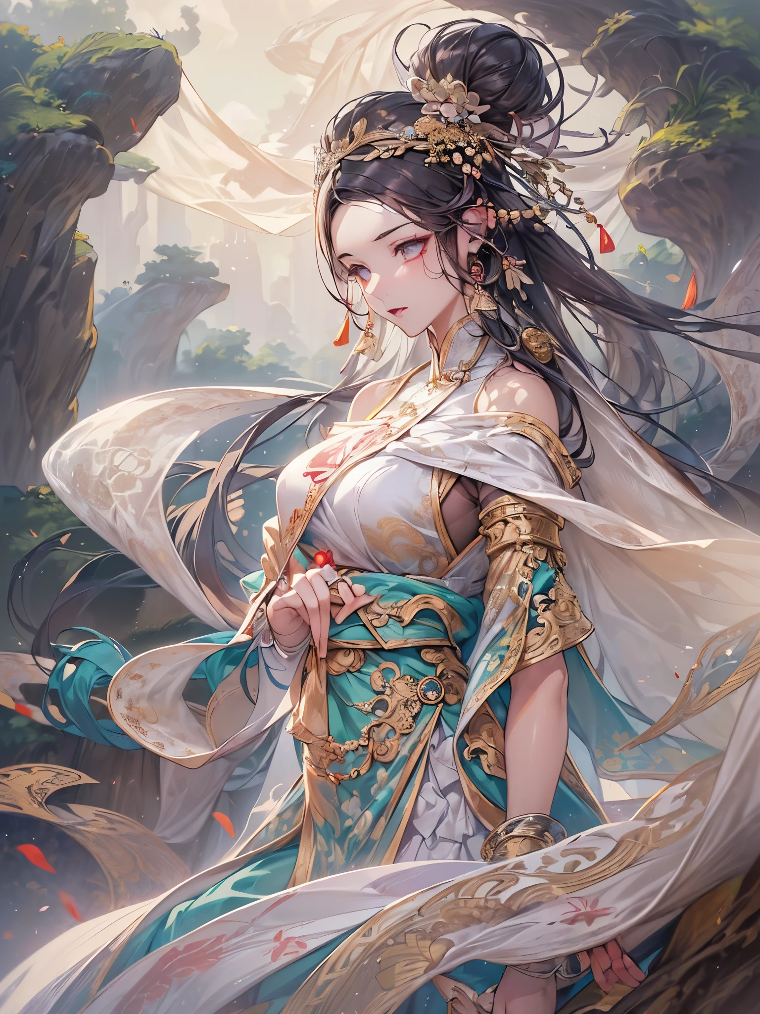 ((highest quality)),(ultra high resolution),(Super detailed),(detailed description),((best CG)),(best work of art),super precision art,amazing drawing art,(Chinese fantasy art with precise details:1.5), (Goddess:1.7),(beautiful and well-shaped face:1.7),((Beautiful and detailed Hufuku:1.6)),((A thin cloth draped over the shoulder:1.8))