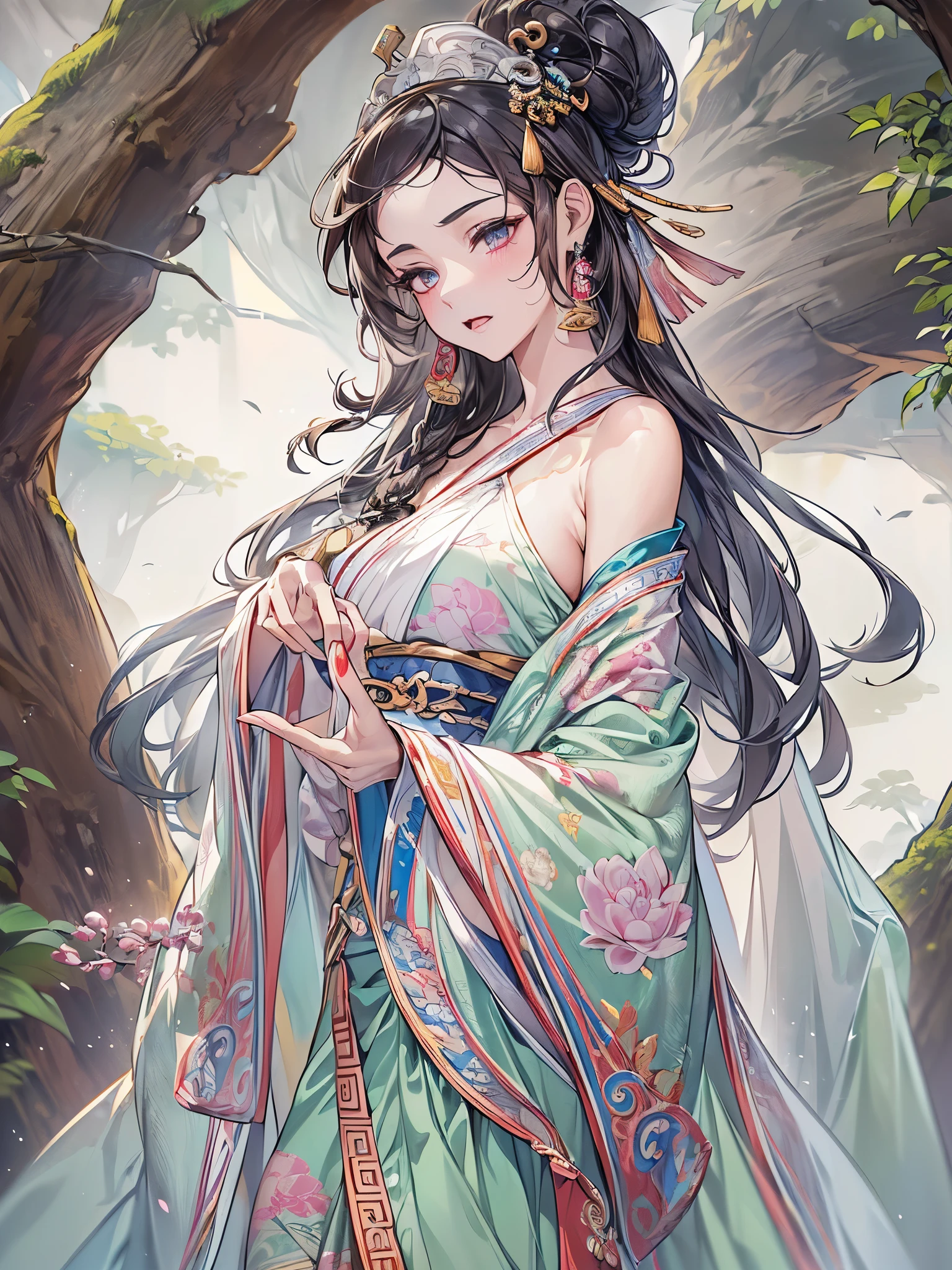 ((highest quality)),(ultra high resolution),(Super detailed),(detailed description),((best CG)),(best work of art),super precision art,amazing drawing art,(Chinese fantasy art with precise details:1.5), (Goddess:1.7),(beautiful and well-shaped face:1.7),((Beautiful and detailed Hufuku:1.6)),((A thin cloth draped over the shoulder:1.8))