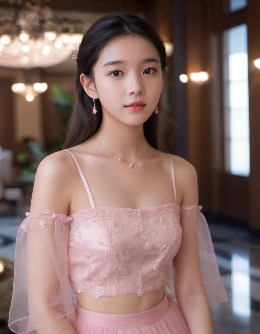 16 year old girl, (extremely detailed face, Delicate skin), whole body,elegant girl, Lobby, pink transparent top, pink transparent skirt