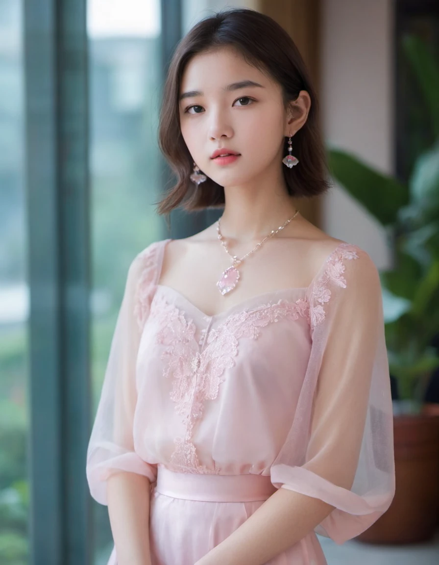 16 year old girl, (extremely detailed face, Delicate skin), whole body,elegant girl, Lobby, pink transparent top, pink transparent skirt