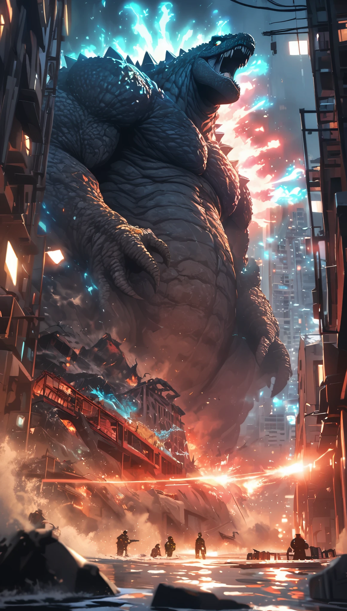 Flat coating，Vector illustration，Rich details，Angry super giant Godzilla in the city looking down at the city below，（（（The dorsal fin is filled with blue energy））），（（glow effect）），Huge waves hit the city，explode，Red light soars into the sky，Broken and collapsed building，standing water，stone，exposed steel bars，electric spark，shoulder level view，colorful，Rescue helicopters，depth of field，Movie lighting，Super fine