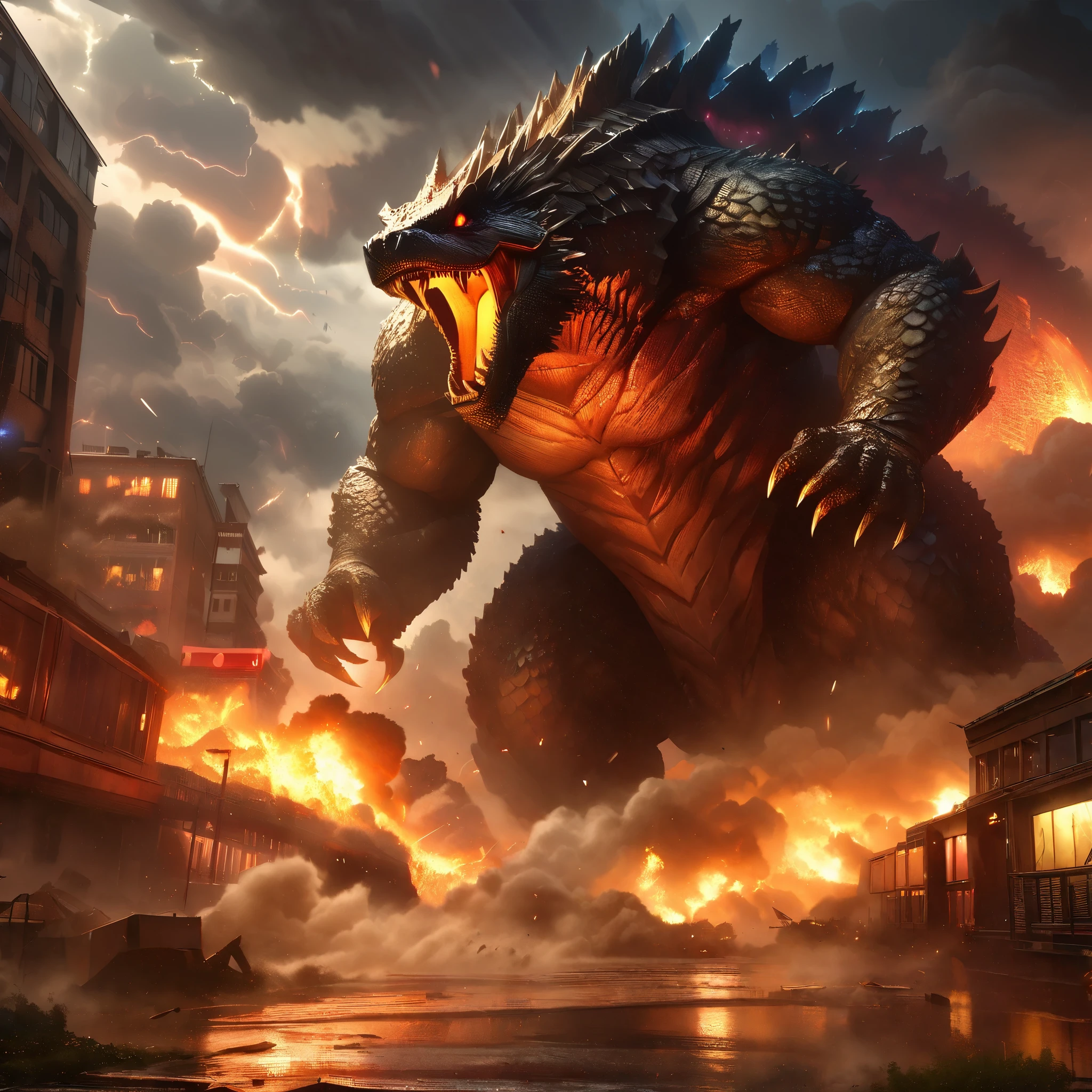 Godzilla rampaging through a city, ancient creature, destructive, thunderstorm, thick smoke, disaster scene, massive size, immense power, fear-inducing, detailed scales, realistic lighting, cinematic quality, HDR, ultra-detailed, studio lighting, professional, vibrant colors, detailed cityscape, dramatic sky, dynamic composition, epic proportions.