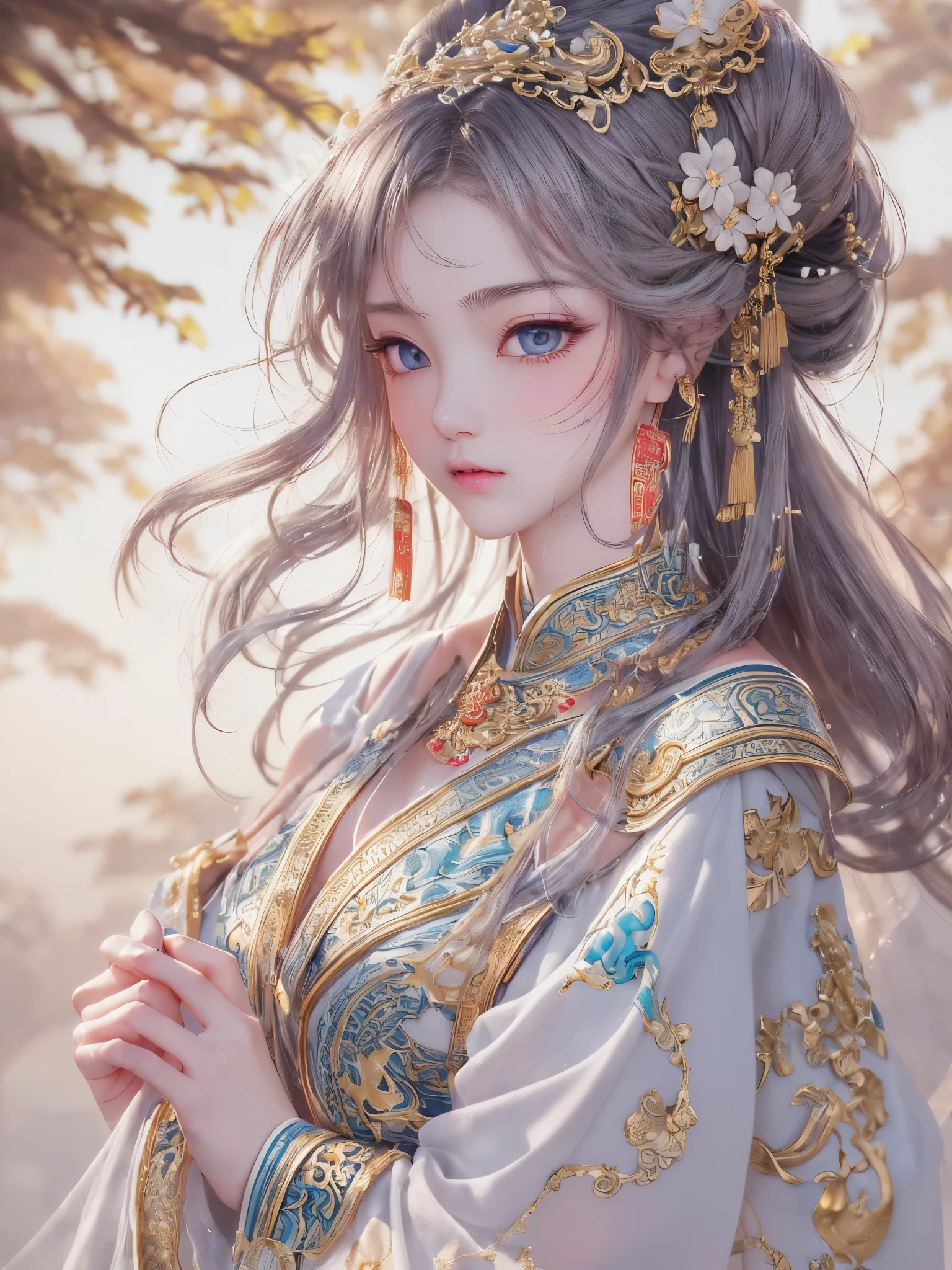 ((highest quality)),(ultra high resolution),(Super detailed),(detailed description),((best CG)),(best work of art),super precision art,amazing drawing art,(Chinese fantasy art with precise details:1.5), (Goddess:1.7),(beautiful and well-shaped face:1.7),((Beautiful and detailed Hufuku:1.6)),((A thin cloth draped over the shoulder:1.8))