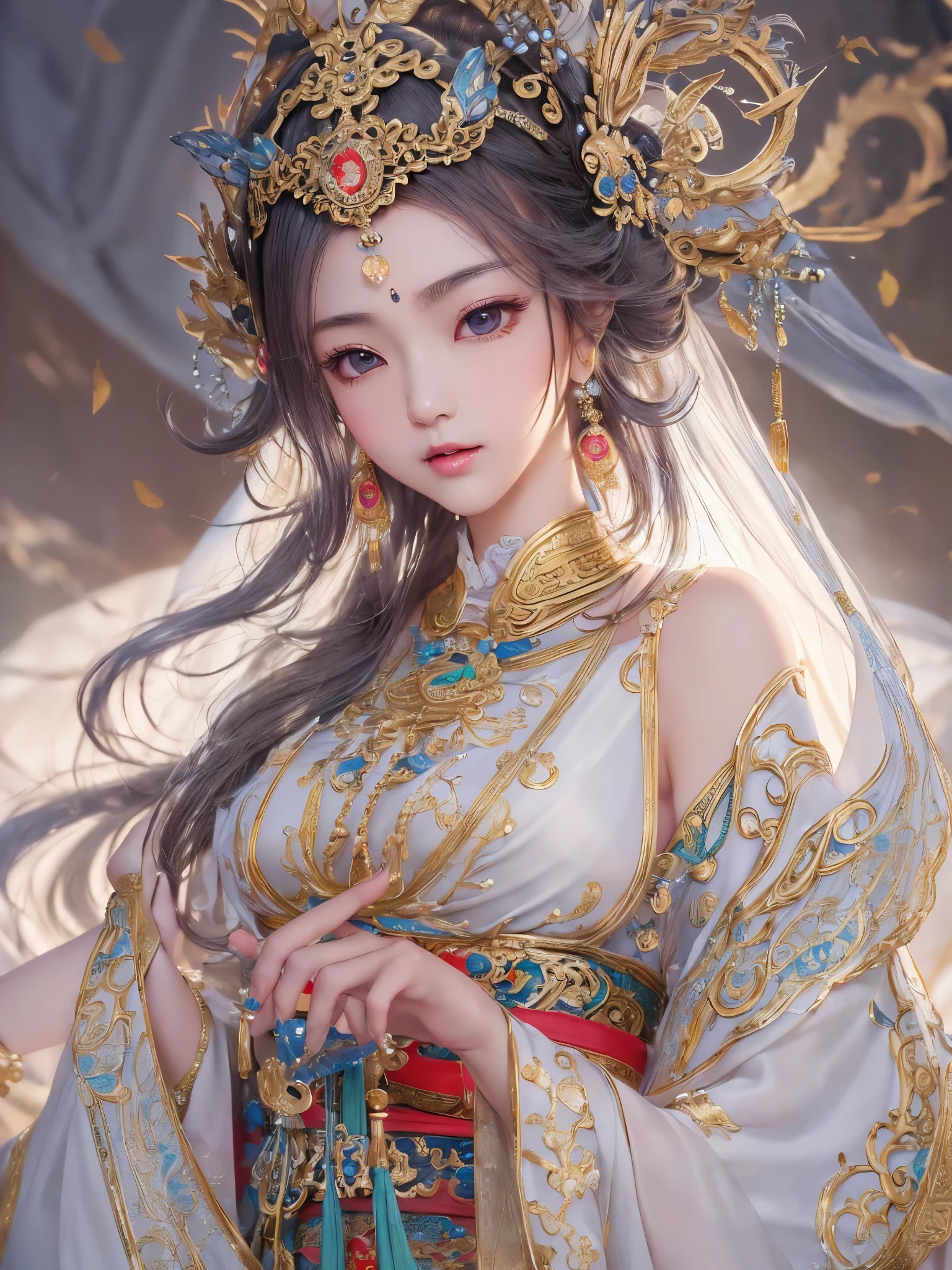 ((highest quality)),(ultra high resolution),(Super detailed),(detailed description),((best CG)),(best work of art),super precision art,amazing drawing art,(Chinese fantasy art with precise details:1.5), (Goddess:1.7),(beautiful and well-shaped face:1.7),((Beautiful and detailed Hufuku:1.6)),((A thin cloth draped over the shoulder:1.8))