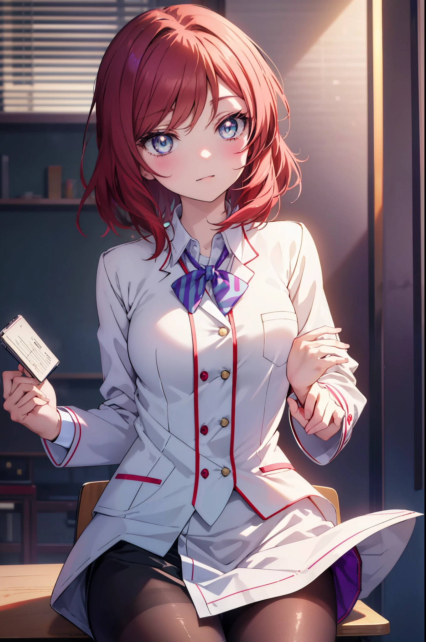 makinishikino, Maki Nishikino, short hair, (purple eyes:1.1), redhead,happy smile, smile, open your mouth, amazingly beautiful、((doctor&#39;s white coat)), collared shirt、doctor style)), ,(( silk blouse、black pencil skirt、 black pantyhose))、stiletto heels,sitting in a chair with legs crossed,There is a chart on the table,白を基調としたExamination room,So that the whole body goes into the illustration,sexy pose,
break indoors, Examination room,
break looking at viewer, (cowboy shot:1.5),
break (masterpiece:1.2), highest quality, High resolution, unity 8k wallpaper, (figure:0.8), (detailed and beautiful eyes:1.6), highly detailed face, perfect lighting, Very detailed CG, (perfect hands, perfect anatomy),