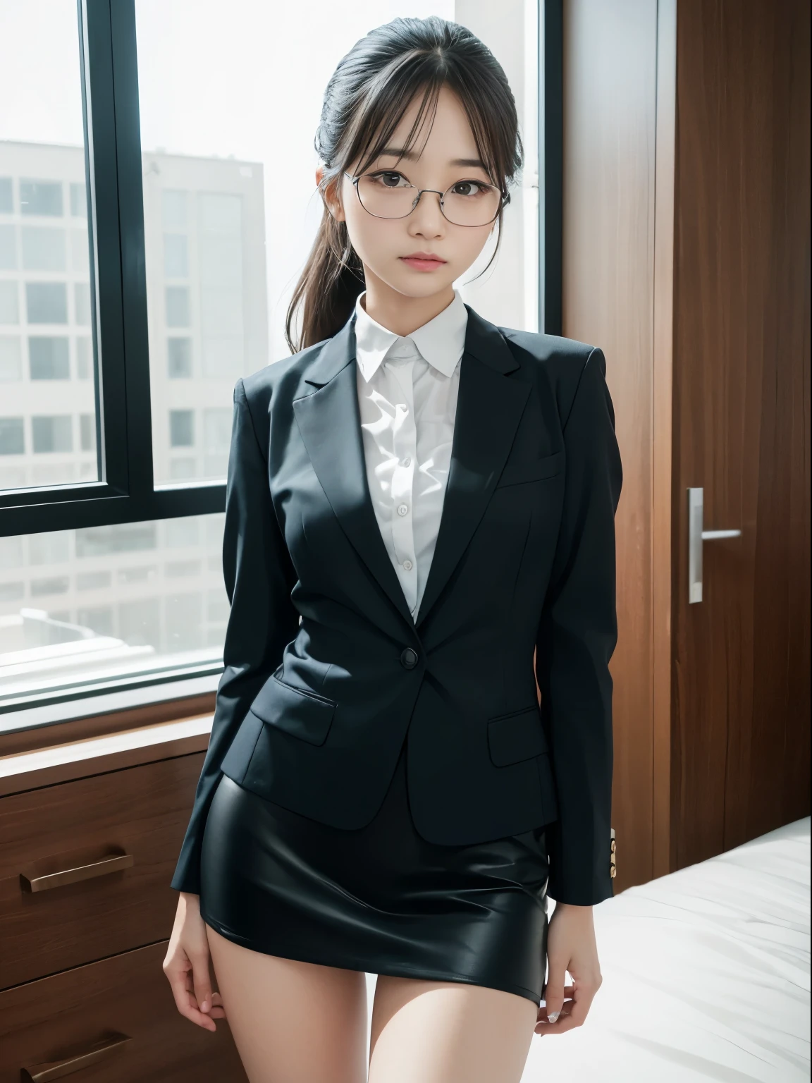 one person、solo、A 20-year-old office lady in office uniform poses for a photo shoot、glare、sexy、victory、Tsundere、Saucy、Single knot、OL、suit、blue mini skirt、anger、Small、glasses、Slim girl model photo、Body:史上最Smallの美少女、female model、Japanese female fashion model、(8K、RAW photo、Highest image quality、masterpiece:1.2)、(real、photorealistic:1.37)、Ultra high definition、Ultra high definition、Office Street、standing position、whole body、((((SEXY)))