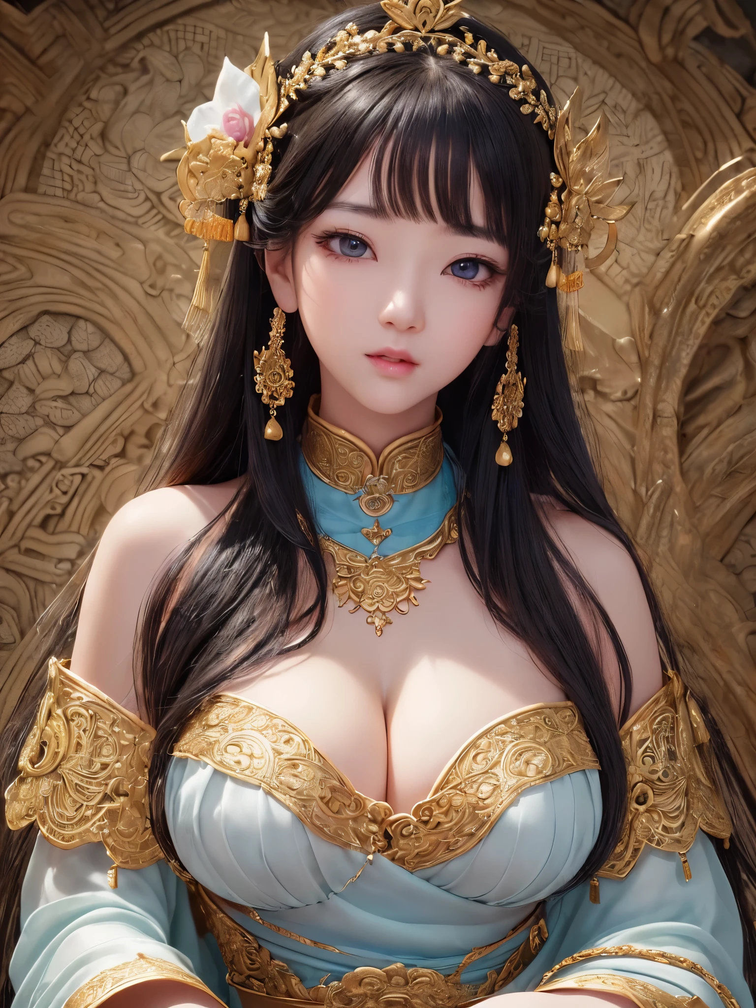 ((highest quality)),(ultra high resolution),(Super detailed),(detailed description),((best CG)),(best work of art),super precision art,amazing drawing art,(Chinese fantasy art with precise details:1.5), (Goddess:1.7),(beautiful and well-shaped face:1.7),((Beautiful and detailed Hufuku:1.6)),((A thin cloth draped over the shoulder:1.8))