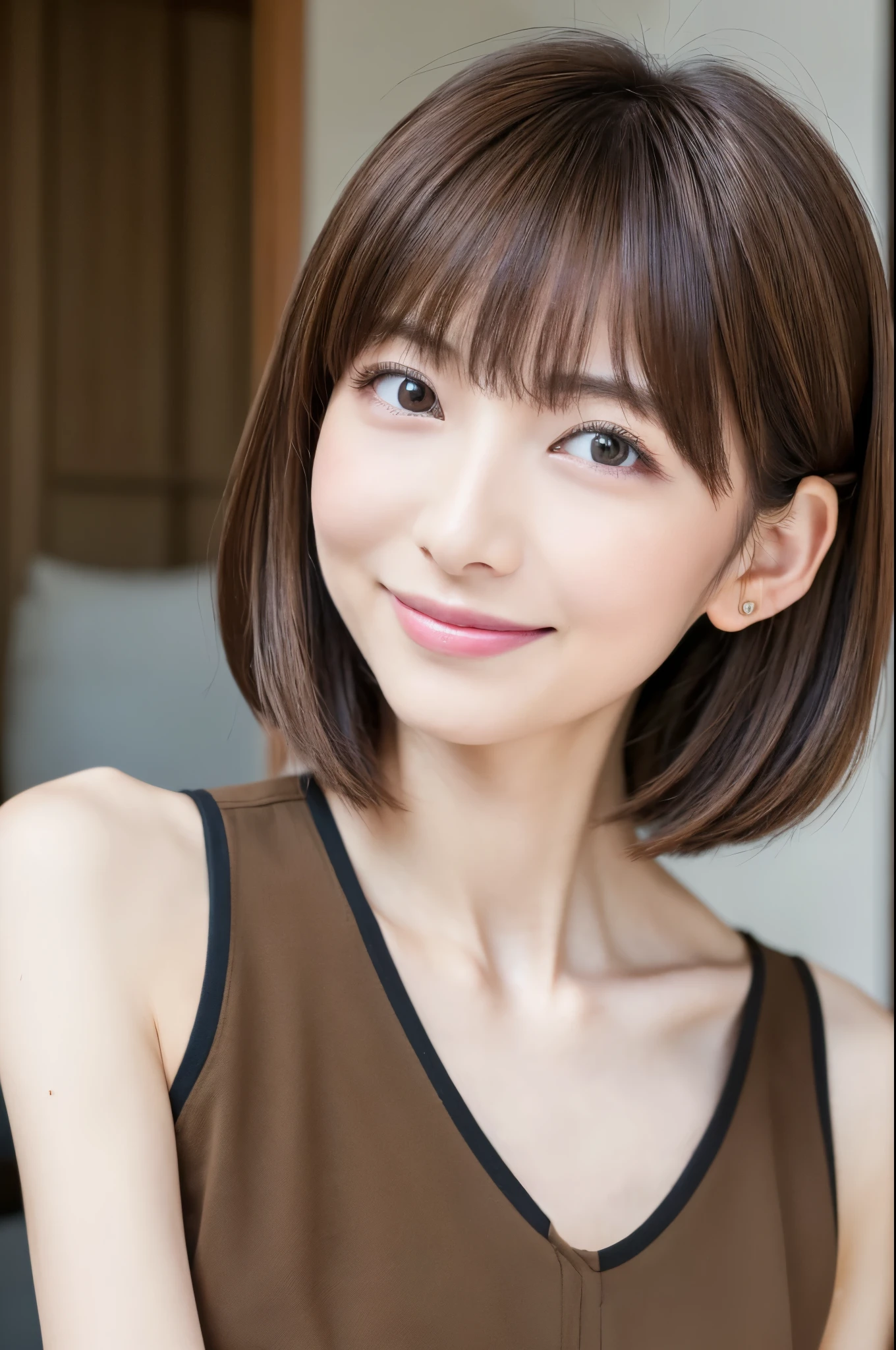 ((Best Quality, 8K, Masterpiece: 1.3)), Super realistic, Skinny Japanese female, 30 years old, 1 Girl, Slim Abs Beauty: 1.3, (Hairstyle Brown Hair Shortcut, Big: 1.2), Dress: 1.1, Super Slender Face, Delicate Eyes, Double Eyelids, Smile, Home, Raw Photo