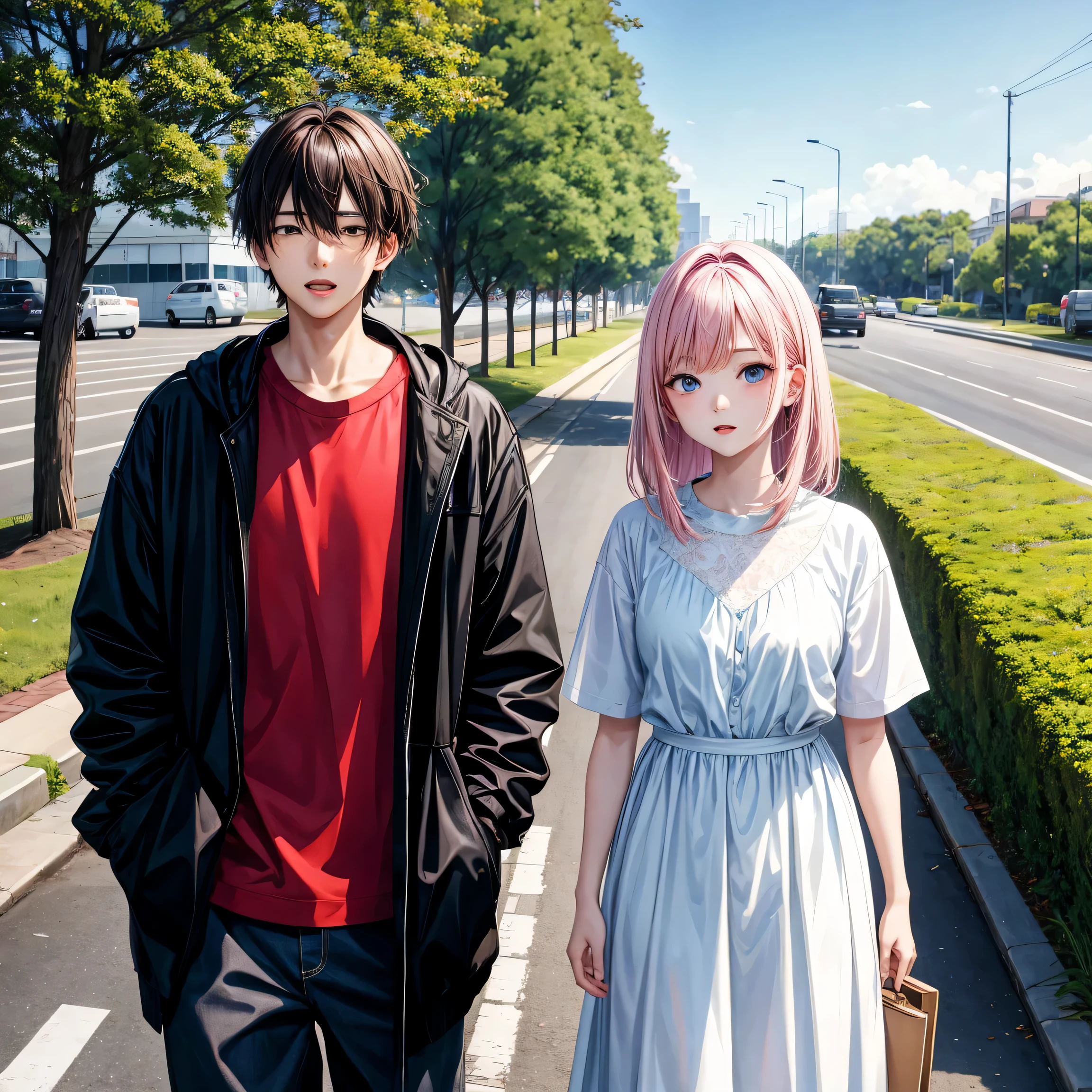April、A 24-year-old man and a -yeld wo are standing back to back in the middle of a wide road.。