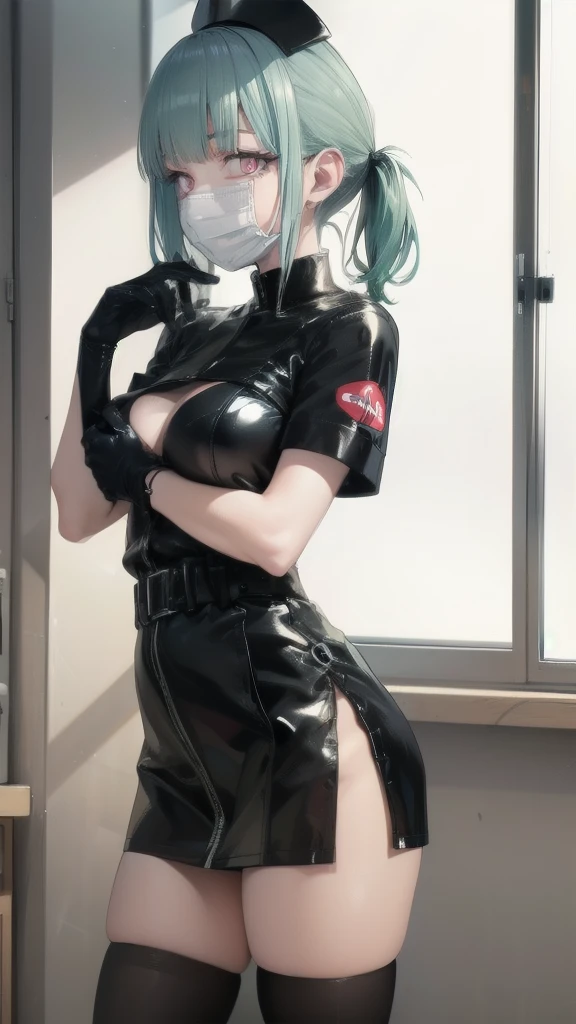 black nurse, 1 girl, alone, black nurse cap, black wear, ((black legwear, zettai ryouiki)), black elbow gloves, ponytail, green hair, pink eyes, ((black surgical mask, covered nose)), Are standing, ((operating room)), sharp outline, short sleeve, highest quality, masterpiece