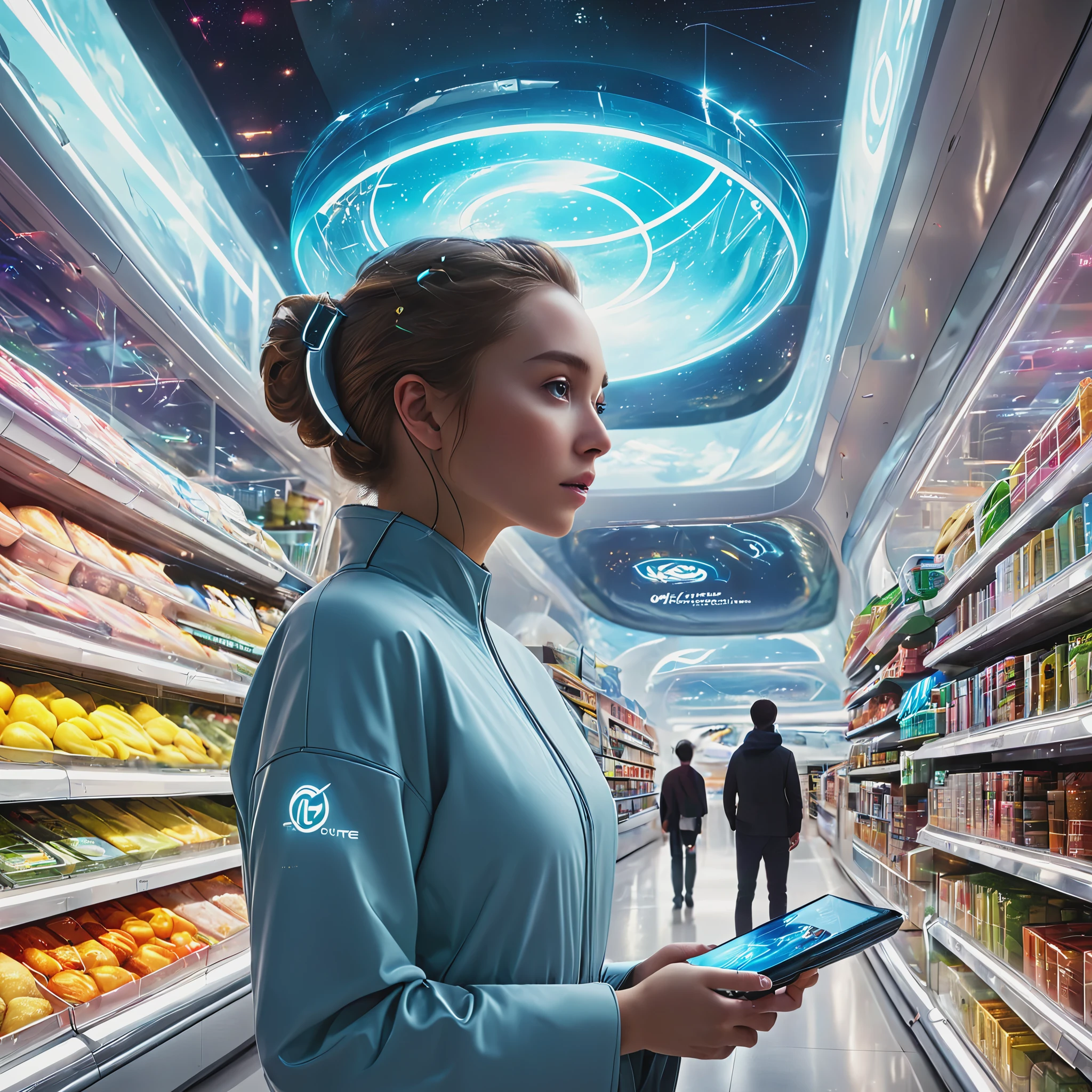 Transparent Hologram Woman,Holographic Projection,midnight convenience store, Aliens and robots drinking together, aliens, robots,detailed,futuristic city environment, post-apocalyptic