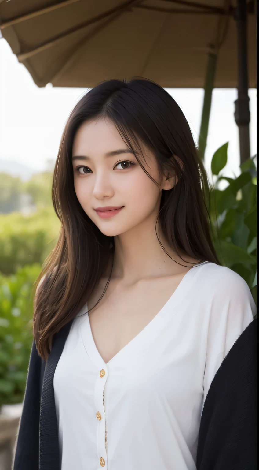 whole body, highest quality, figure, Super detailed, finely, High resolution, 8K, 完璧なダイナミックな構figure, detailed and beautiful eyes, large cardigan,medium hair, middle of chest, natural color lip, random sexy poses,smile,garden,white shirt,I can't see your chest,less exposure,date,